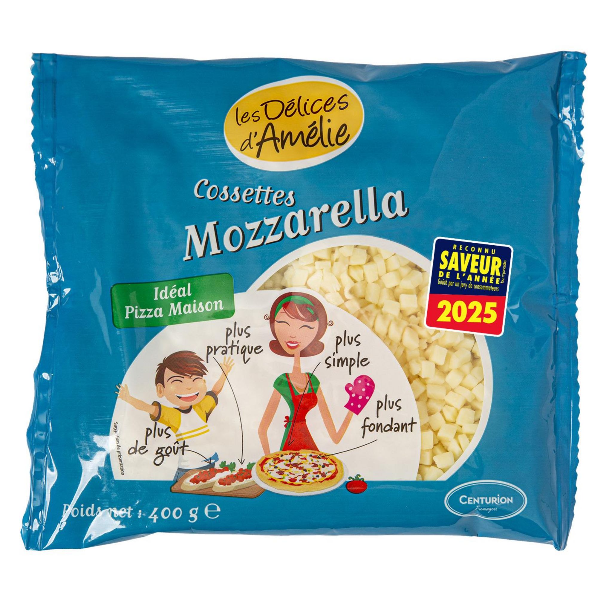 Voir la diapositive 2 : DELICES D'AMELIE Cossettes mozzarella râpé pour pizza 400g