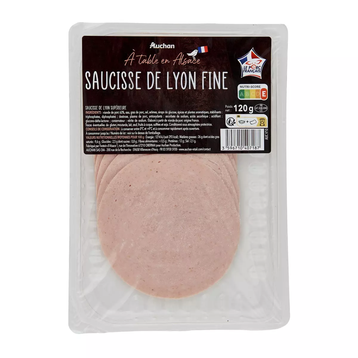 AUCHAN TERROIR Saucisse de Lyon fine 8 tranches 120g