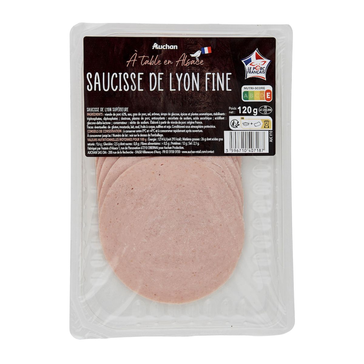 AUCHAN TERROIR Saucisse de Lyon fine 8 tranches 120g