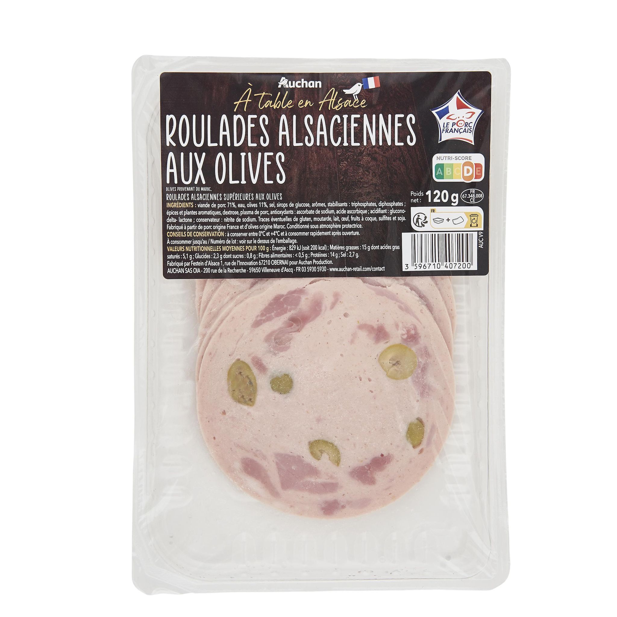 Voir la diapositive 2 : AUCHAN TERROIR Roulade Alsacienne aux olives 8 tranches 120g