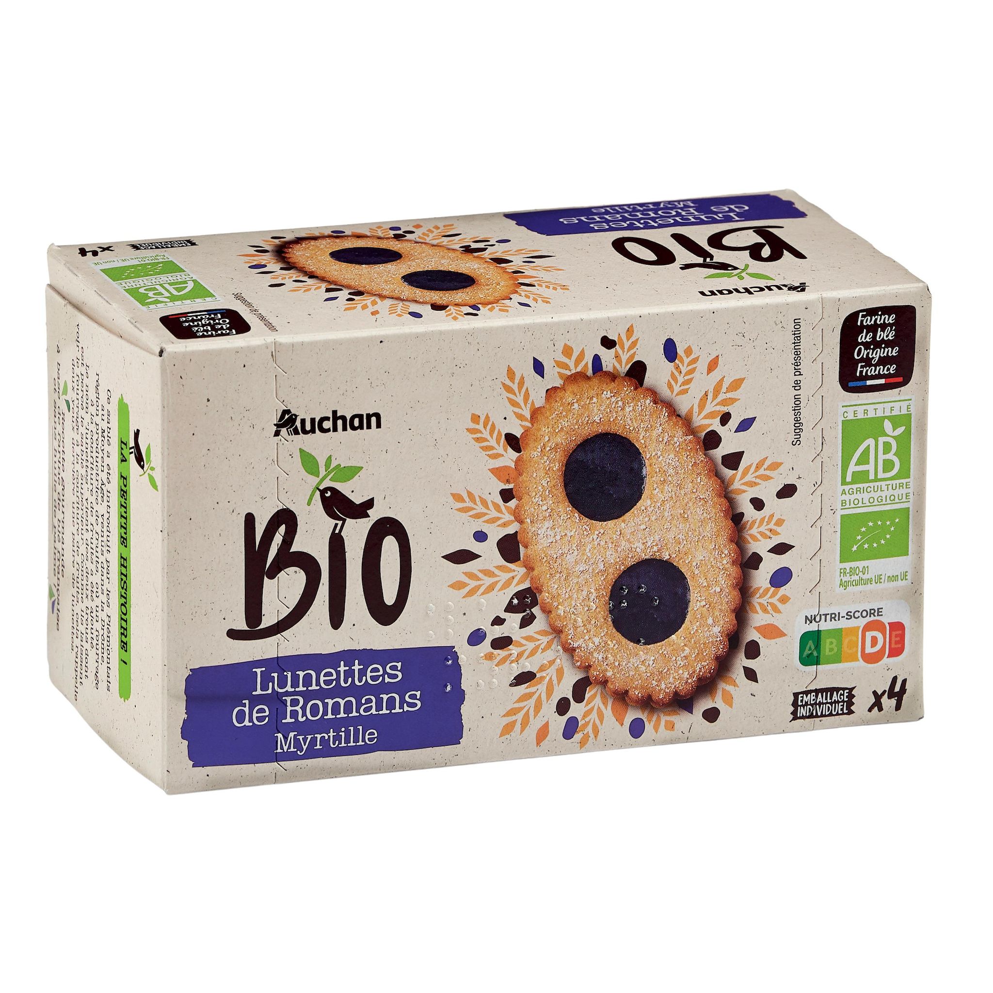 Voir la diapositive 3 : AUCHAN BIO Biscuits lunettes de romans à la myrtille sachets individuels 4 biscuits 200g