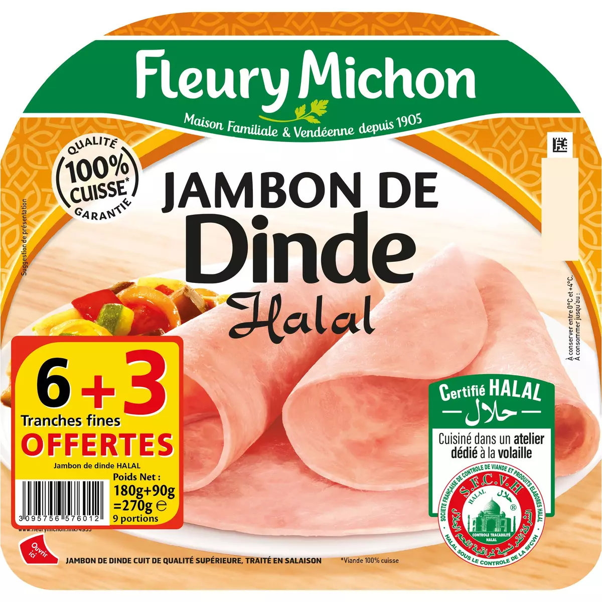 FLEURY MICHON Jambon de dinde halal 6 tranches+3 offertes 270g