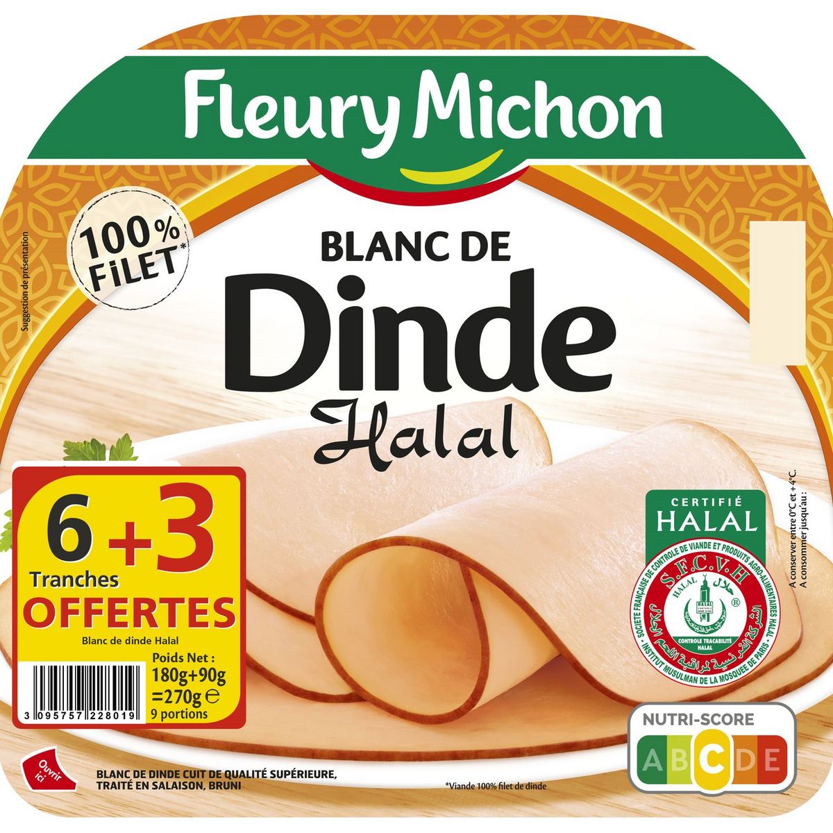FLEURY MICHON Jambon de dinde halal 6 tranches+3 offertes 270g