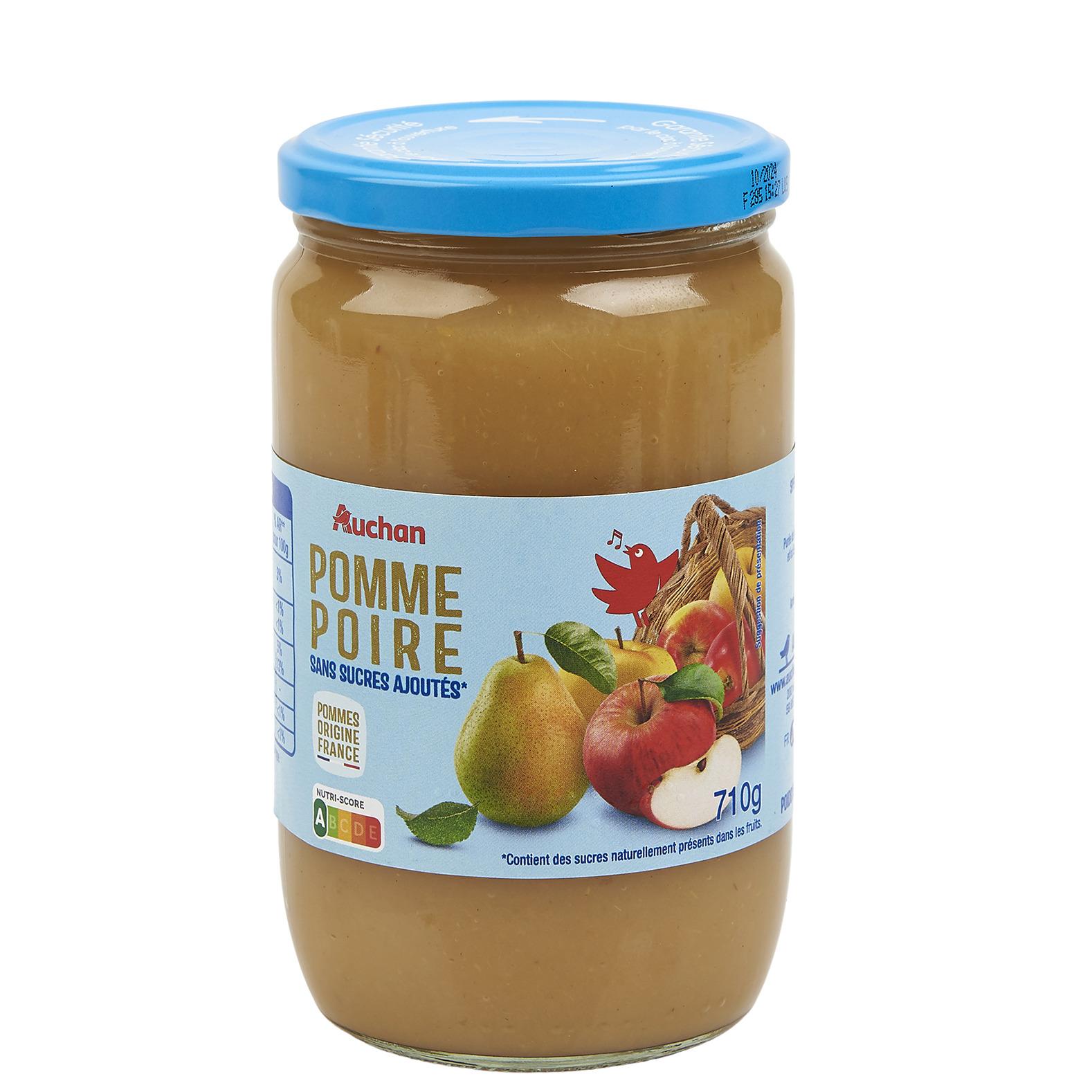 Voir la diapositive 3 : AUCHAN Purée de pomme poire sans sucres ajoutés en bocal 710g