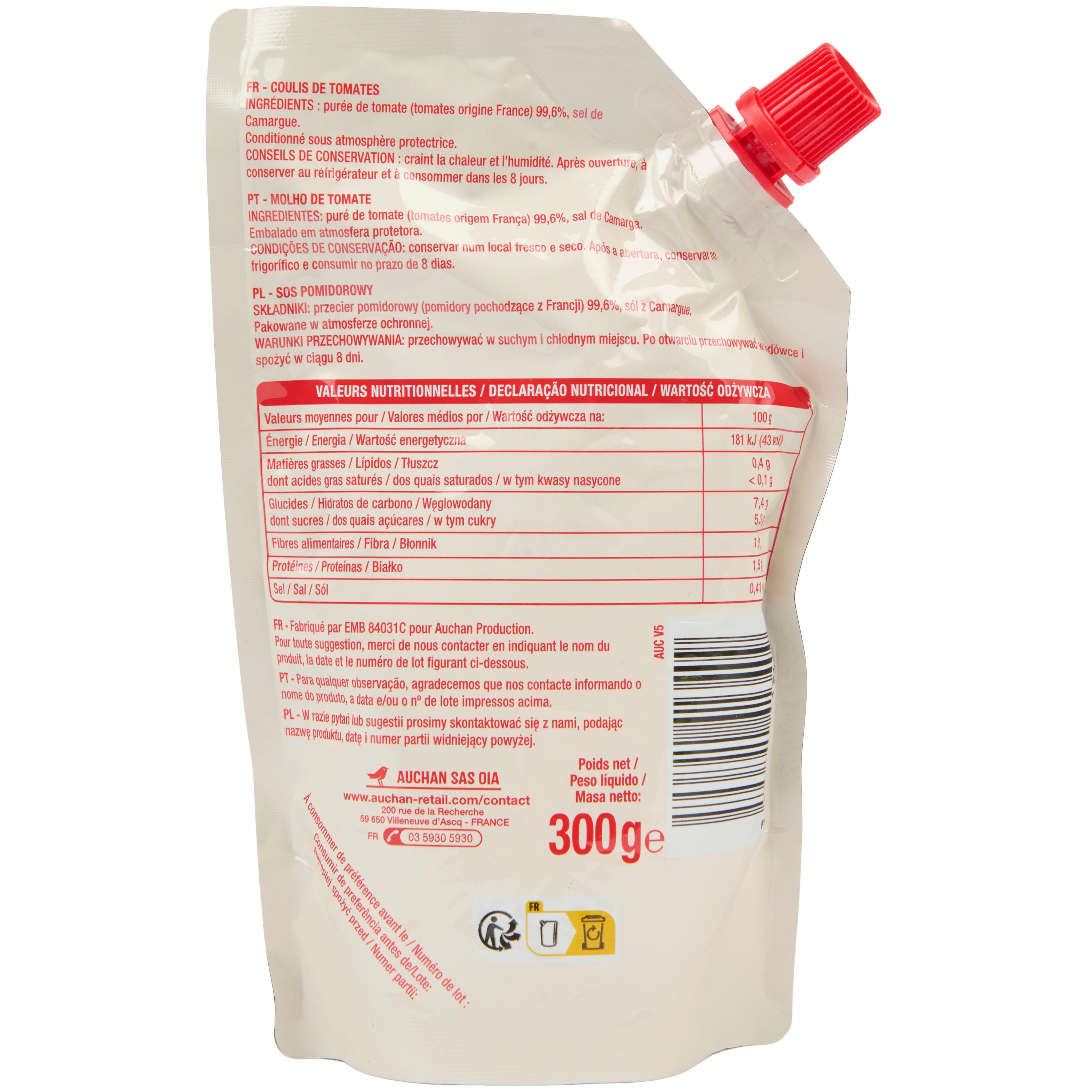Voir la diapositive 2 : AUCHAN Coulis de tomates de Provence sachet refermable 300g