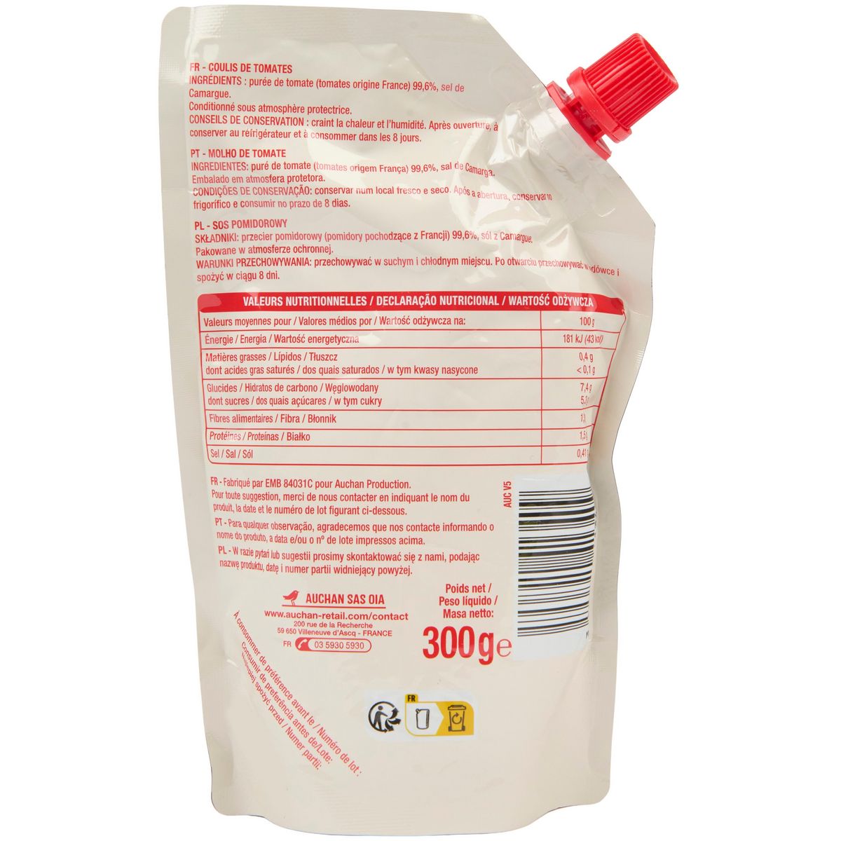 AUCHAN Coulis de tomates de Provence sachet refermable 300g