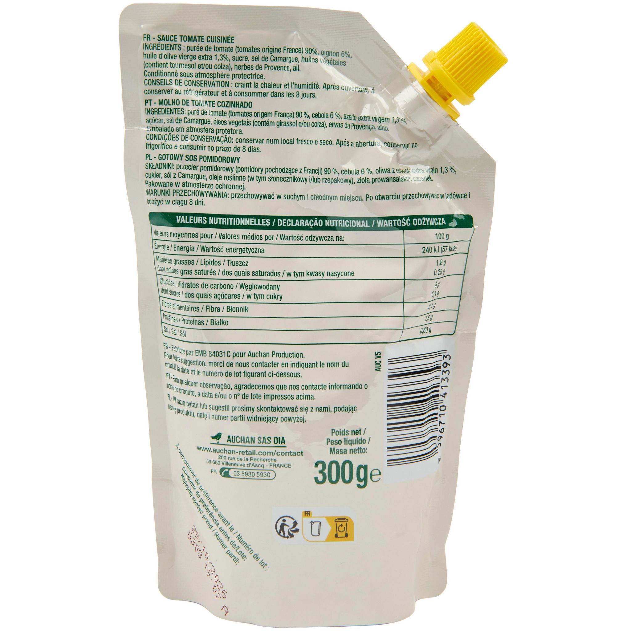 Voir la diapositive 2 : AUCHAN Sauce spéciale pizza sachet refermable 300g