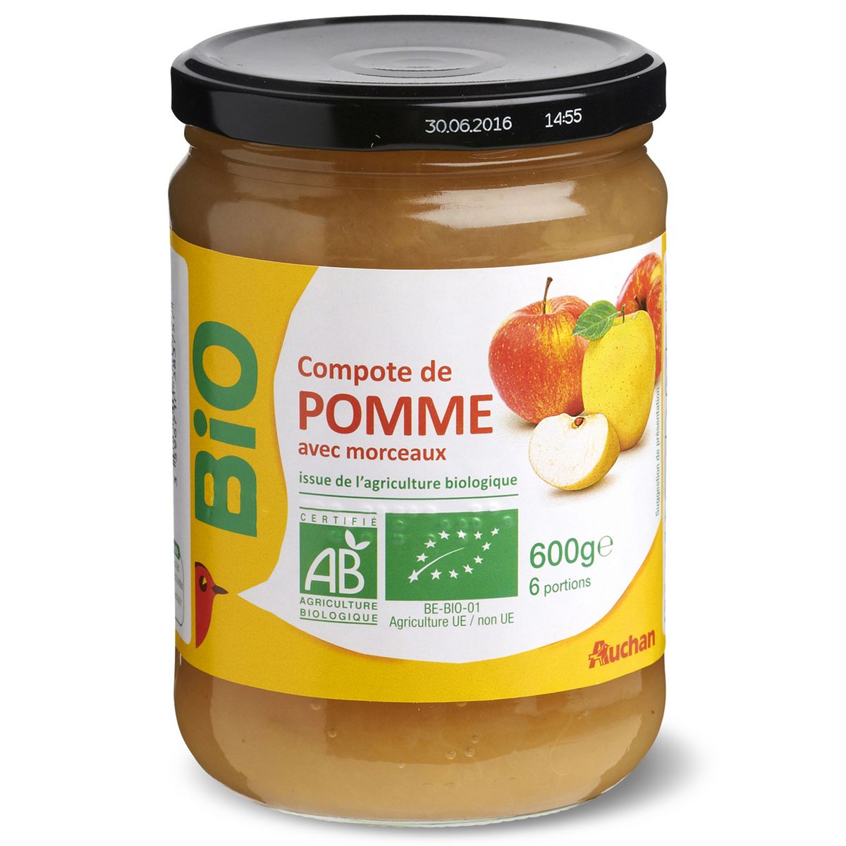 AUCHAN BIO Compote de pomme avec morceaux en bocal 600g