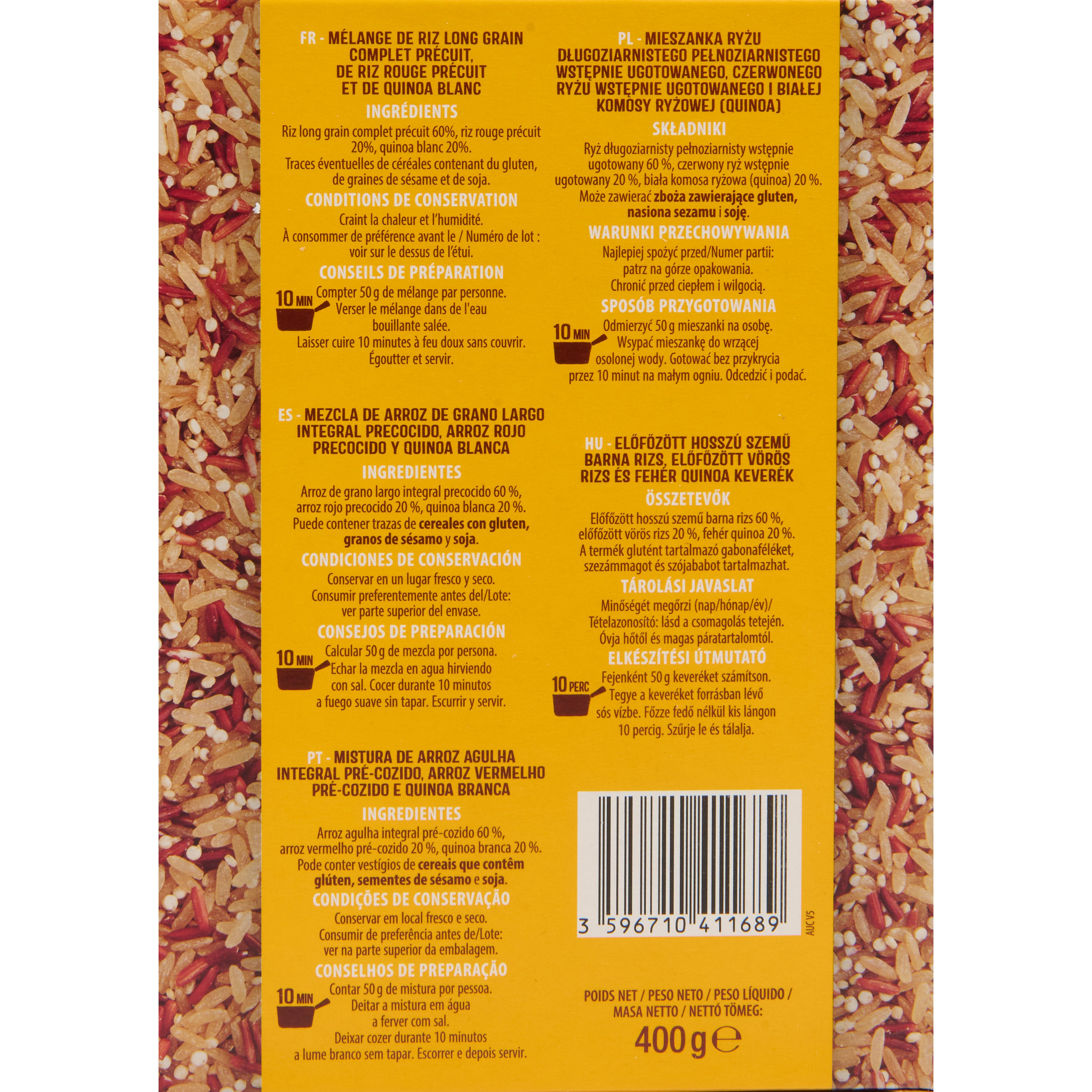 Voir la diapositive 2 : AUCHAN Mélange riz complet riz rouge quinoa prêt en 10 min 2X4 personnes 400g