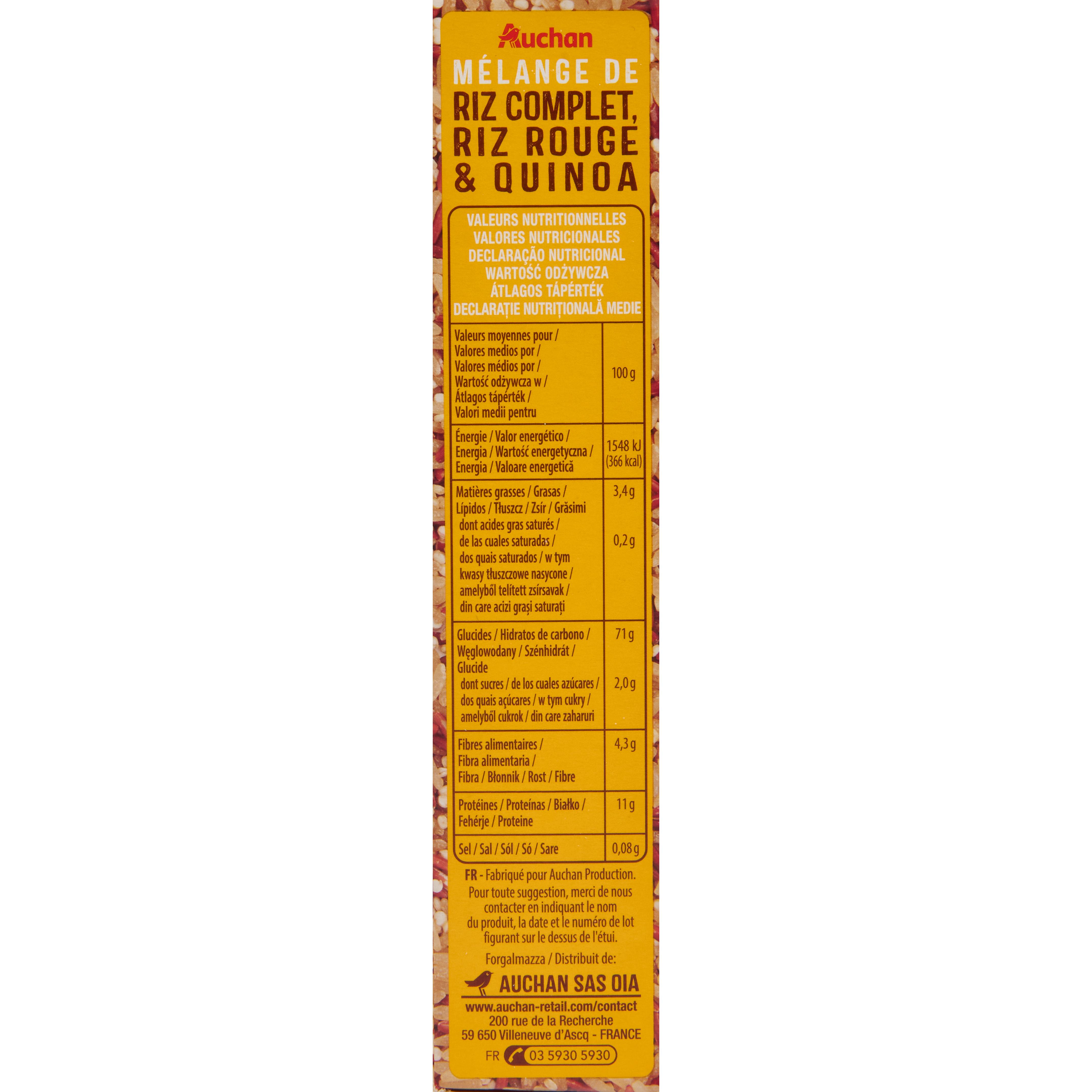 Voir la diapositive 3 : AUCHAN Mélange riz complet riz rouge quinoa prêt en 10 min 2X4 personnes 400g