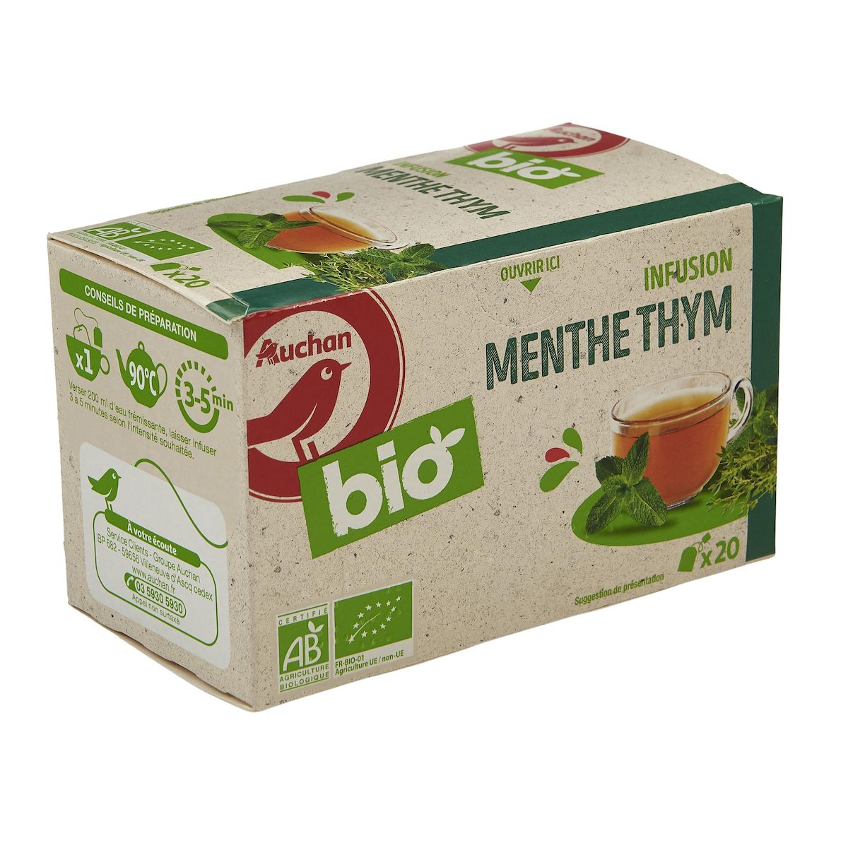 AUCHAN BIO Infusion menthe et thym 20 sachets 30g