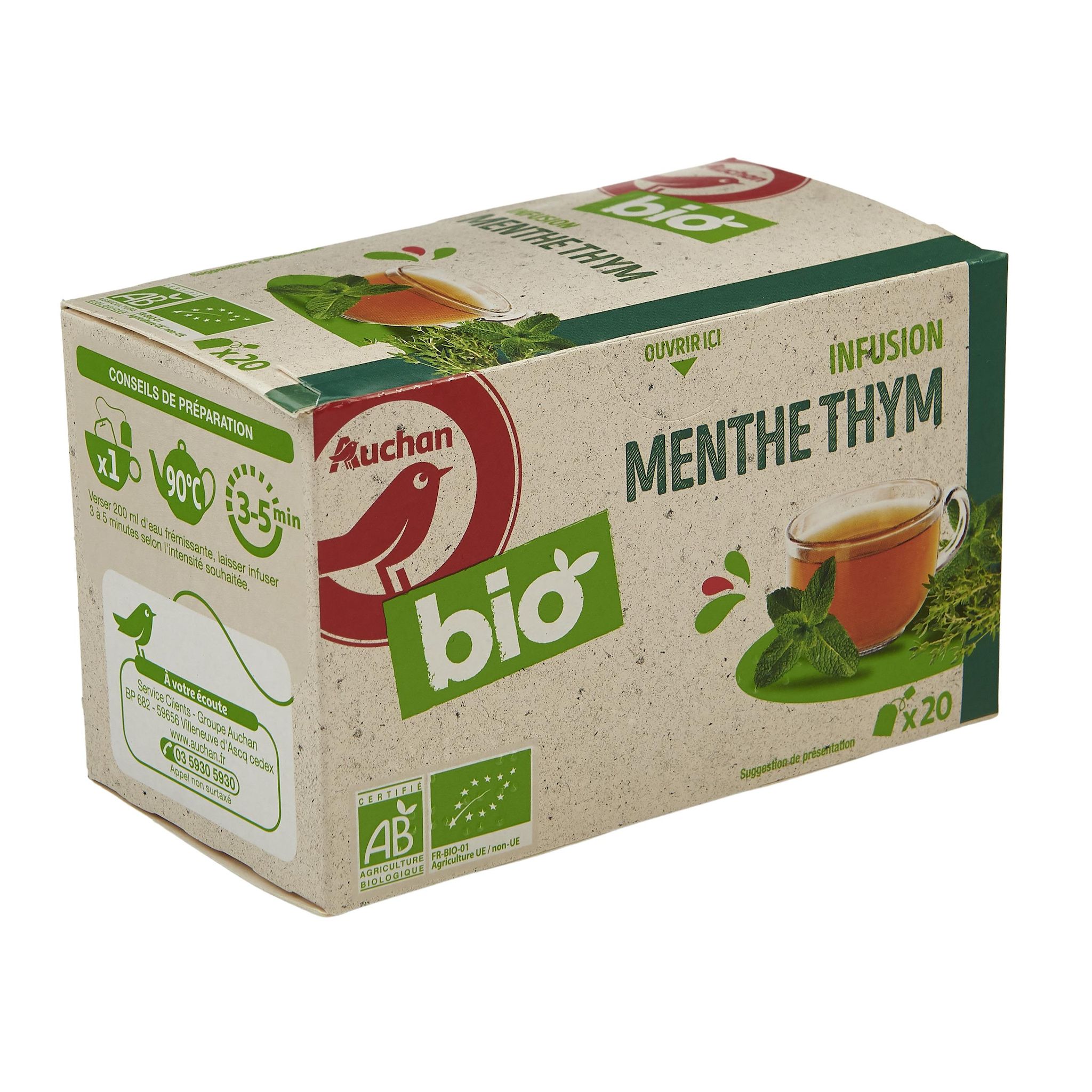 Voir la diapositive 2 : AUCHAN BIO Infusion menthe et thym 20 sachets 30g