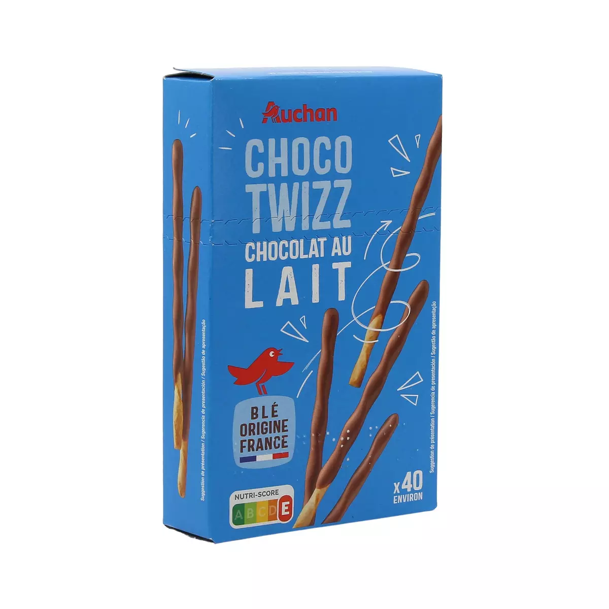 AUCHAN Biscuits bâtonnets Choco twizz nappés au chocolat au lait 40 biscuits 90g