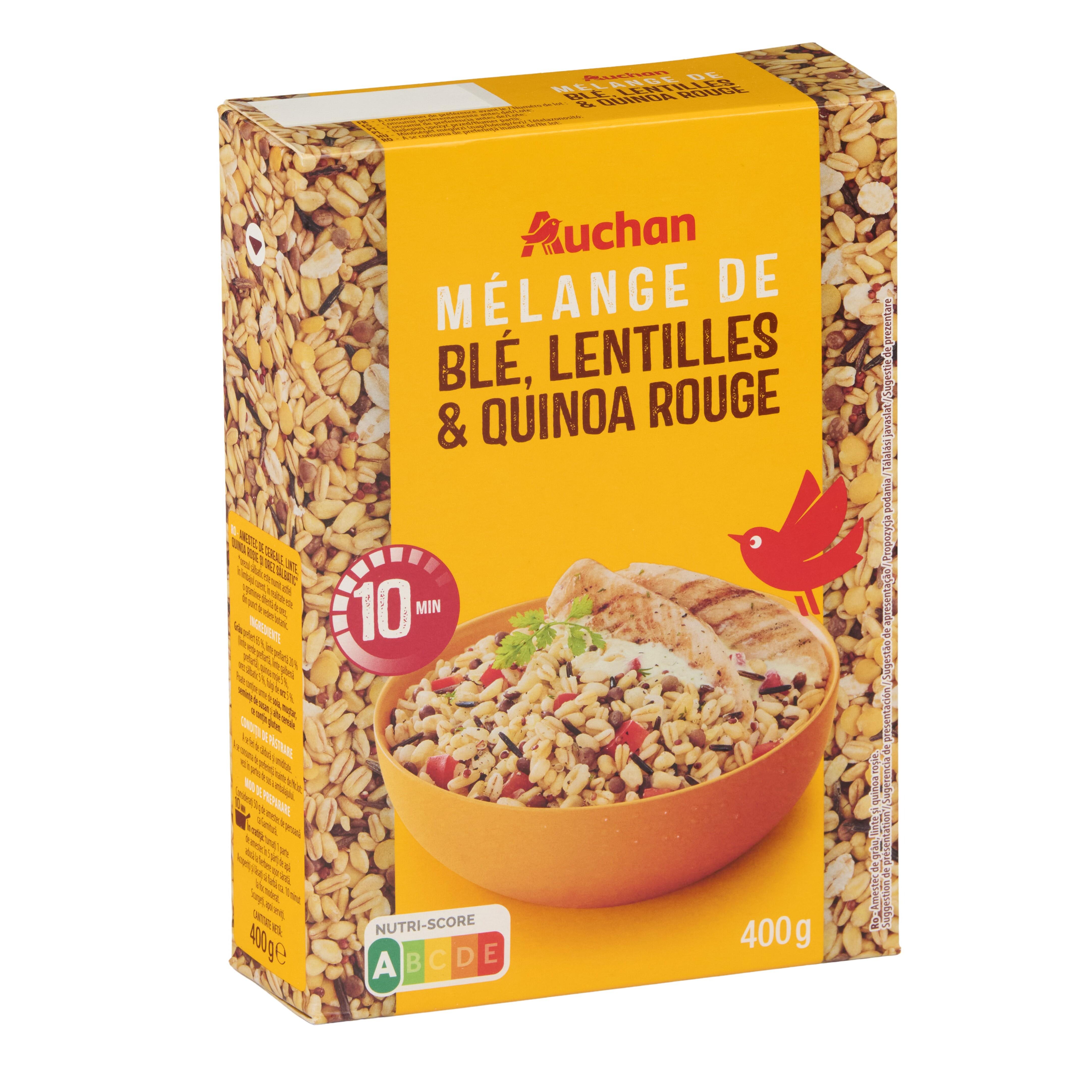 Voir la diapositive 2 : AUCHAN Mélange blé lentilles quinoa rouge prêt en 10 min 8 portions 2x200g