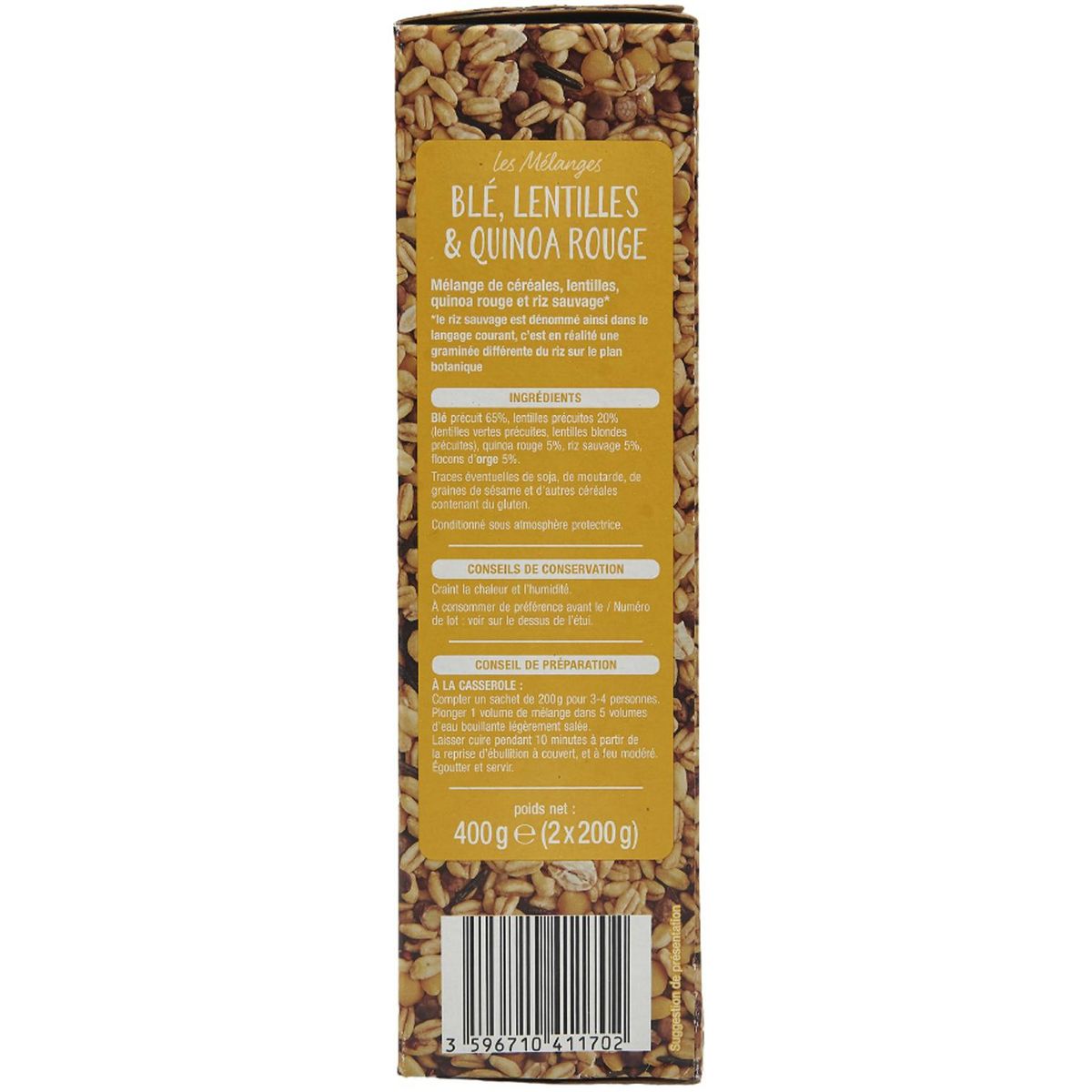 AUCHAN Mélange blé lentilles quinoa rouge prêt en 10 min 8 portions 2x200g