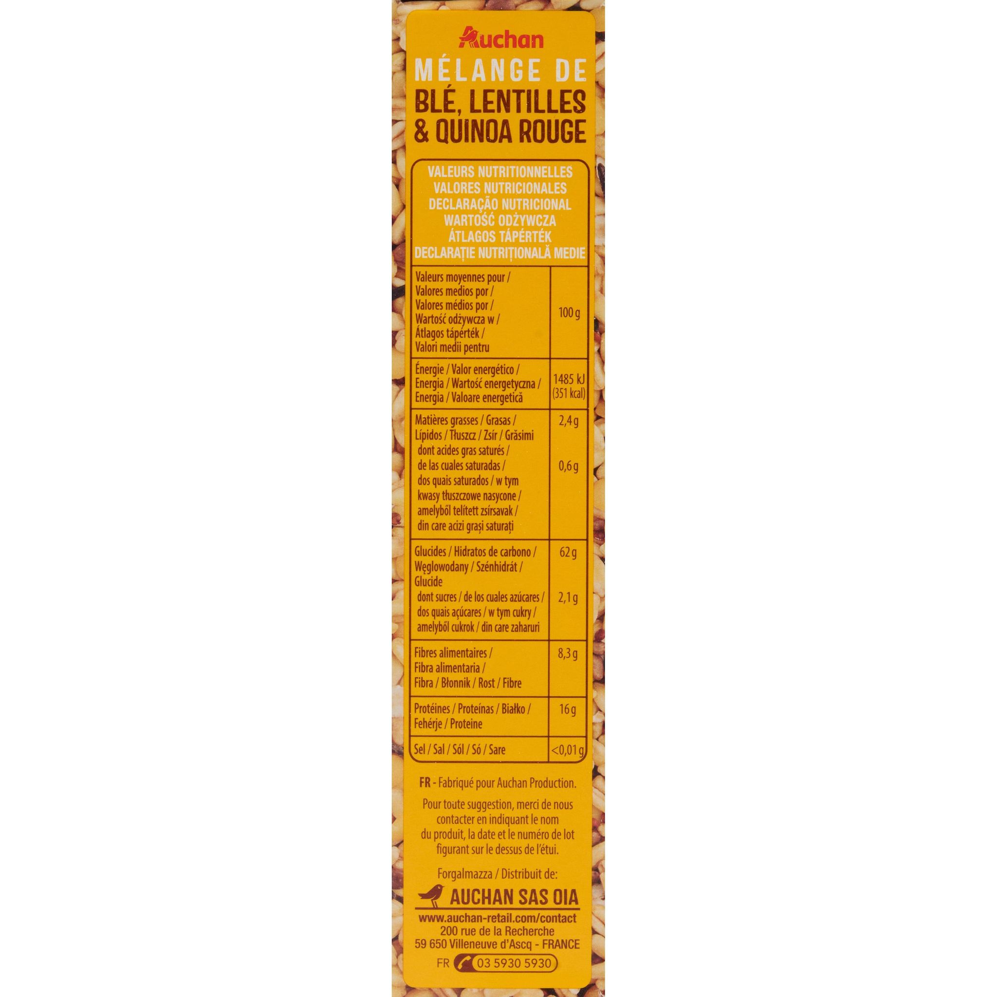 Voir la diapositive 4 : AUCHAN Mélange blé lentilles quinoa rouge prêt en 10 min 8 portions 2x200g