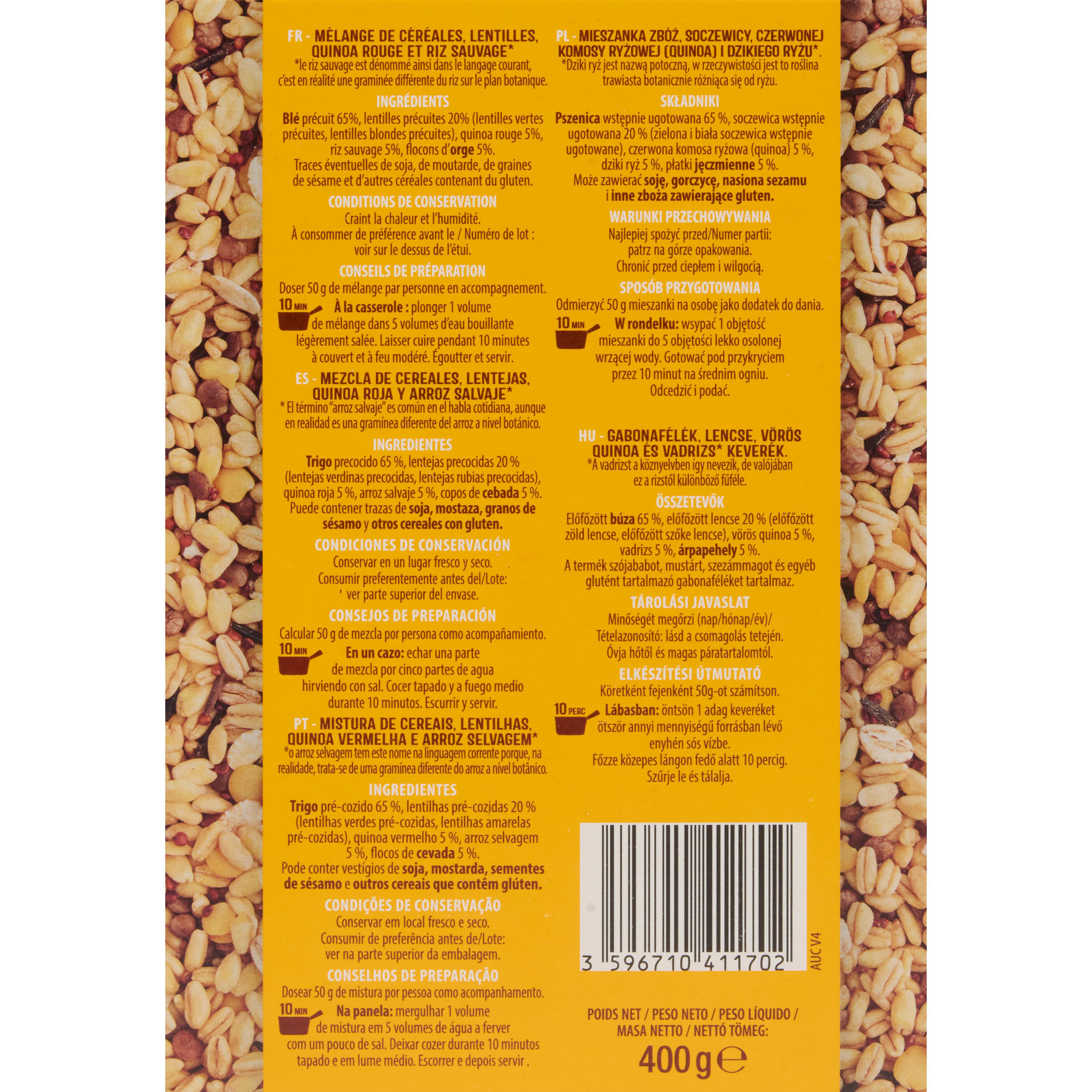 Voir la diapositive 5 : AUCHAN Mélange blé lentilles quinoa rouge prêt en 10 min 8 portions 2x200g