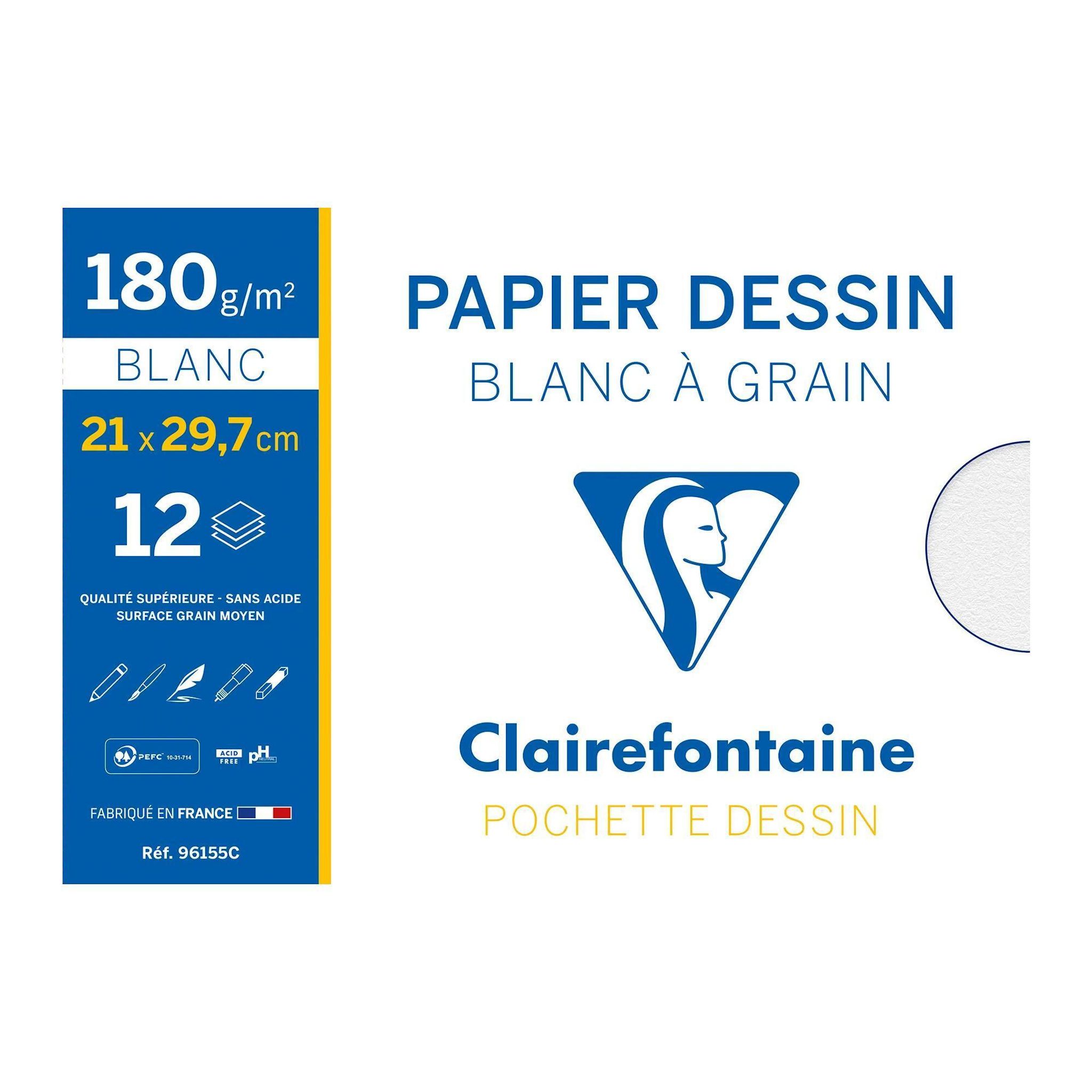 CLAIREFONTAINE Pochette à dessins 12 feuilles, papier à grain
