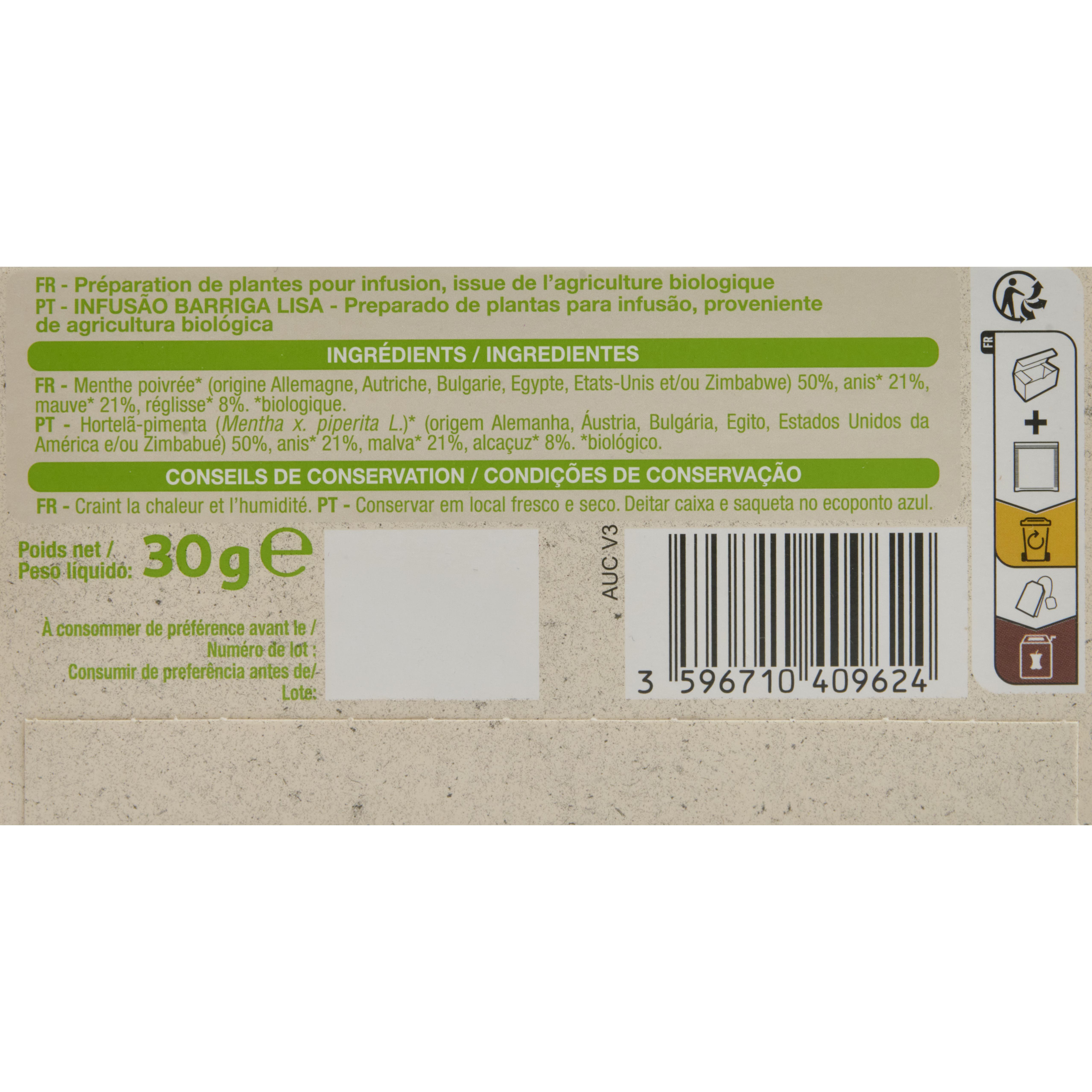 Voir la diapositive 2 : AUCHAN BIO Infusion ventre plat menthe poivrée anis mauve et réglisse 20 sachets 30g