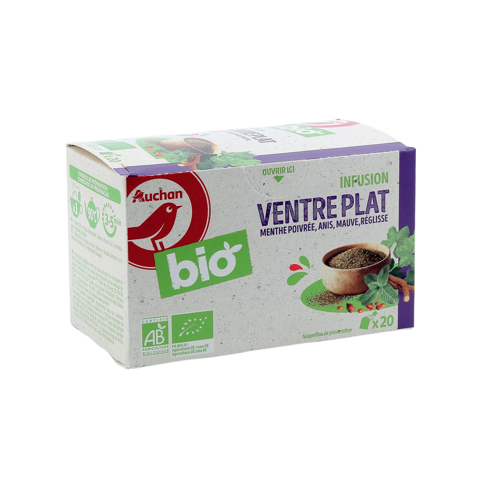 Voir la diapositive 2 : AUCHAN BIO Infusion ventre plat menthe poivrée anis mauve et réglisse 20 sachets 30g
