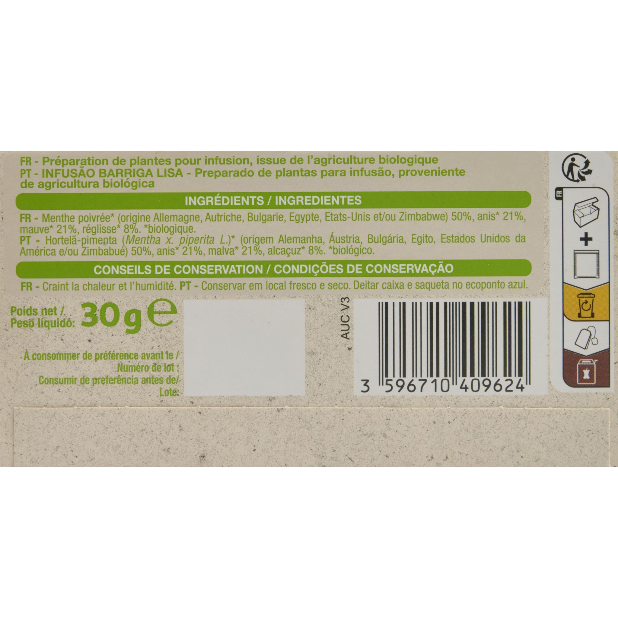 Voir la diapositive 3 : AUCHAN BIO Infusion ventre plat menthe poivrée anis mauve et réglisse 20 sachets 30g