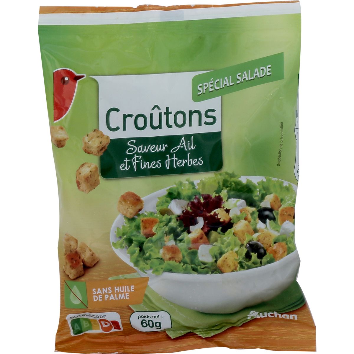 AUCHAN Croûtons spécial salade saveur ail et fines herbes 60g