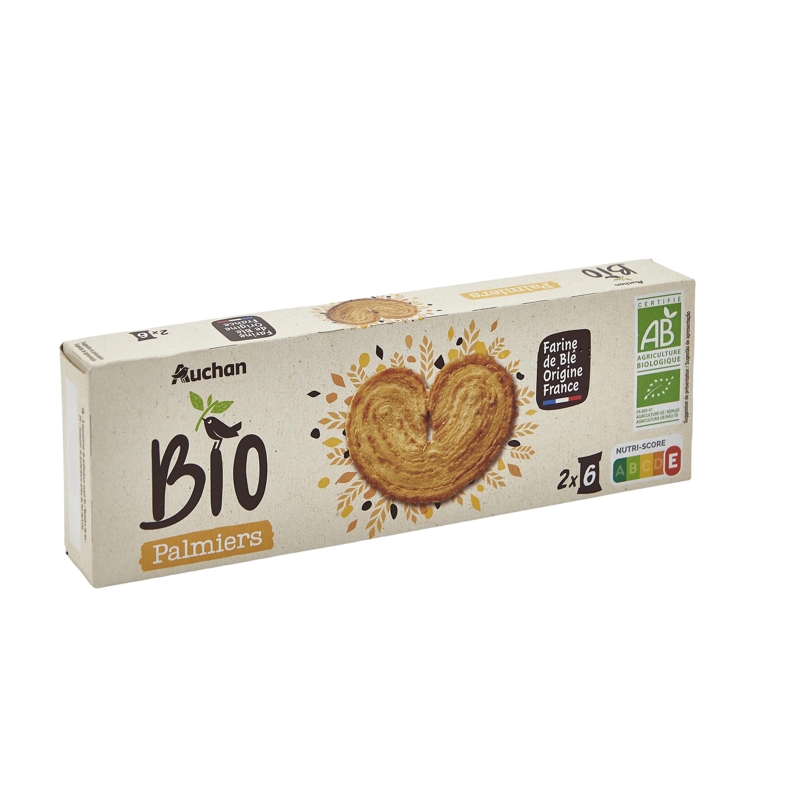 Voir la diapositive 2 : AUCHAN BIO Palmiers biscuits feuilletés sachets fraîcheur 2x6 biscuits 100g