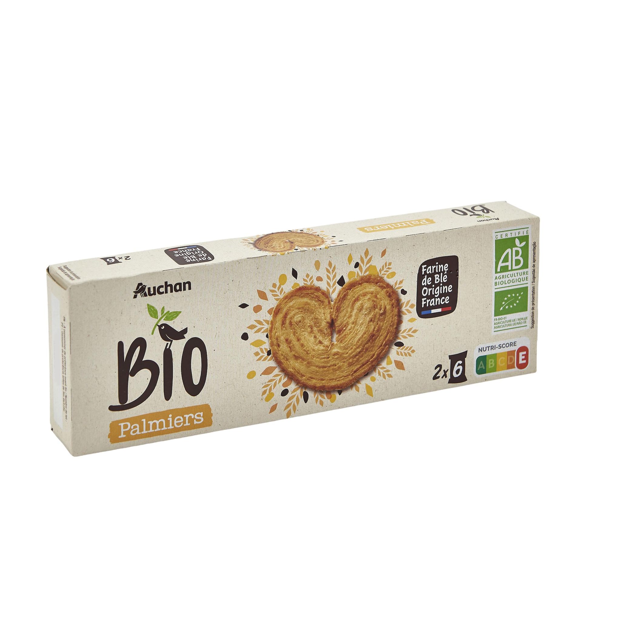 Voir la diapositive 2 : AUCHAN BIO Palmiers biscuits feuilletés sachets fraîcheur 2x6 biscuits 100g