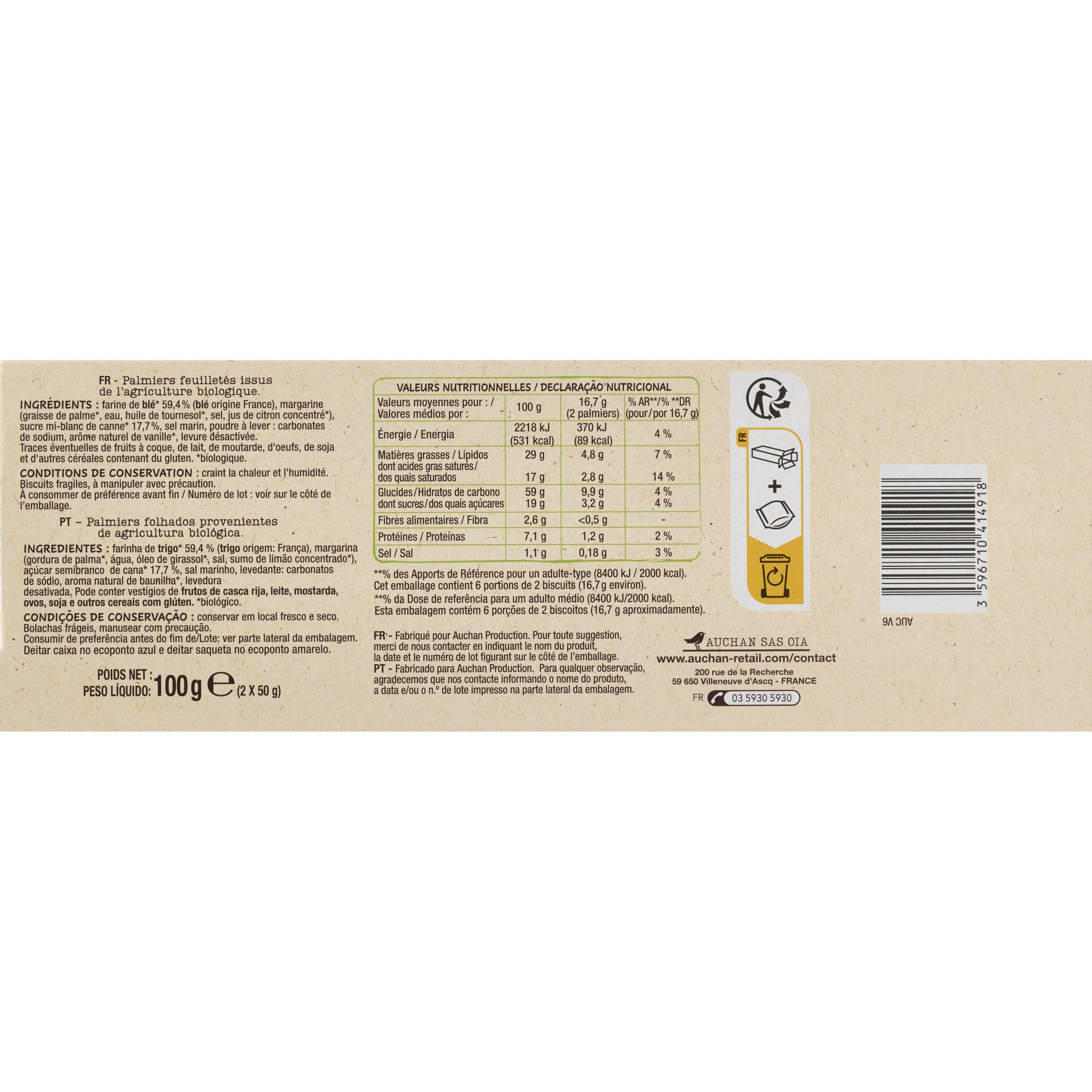 Voir la diapositive 4 : AUCHAN BIO Palmiers biscuits feuilletés sachets fraîcheur 2x6 biscuits 100g