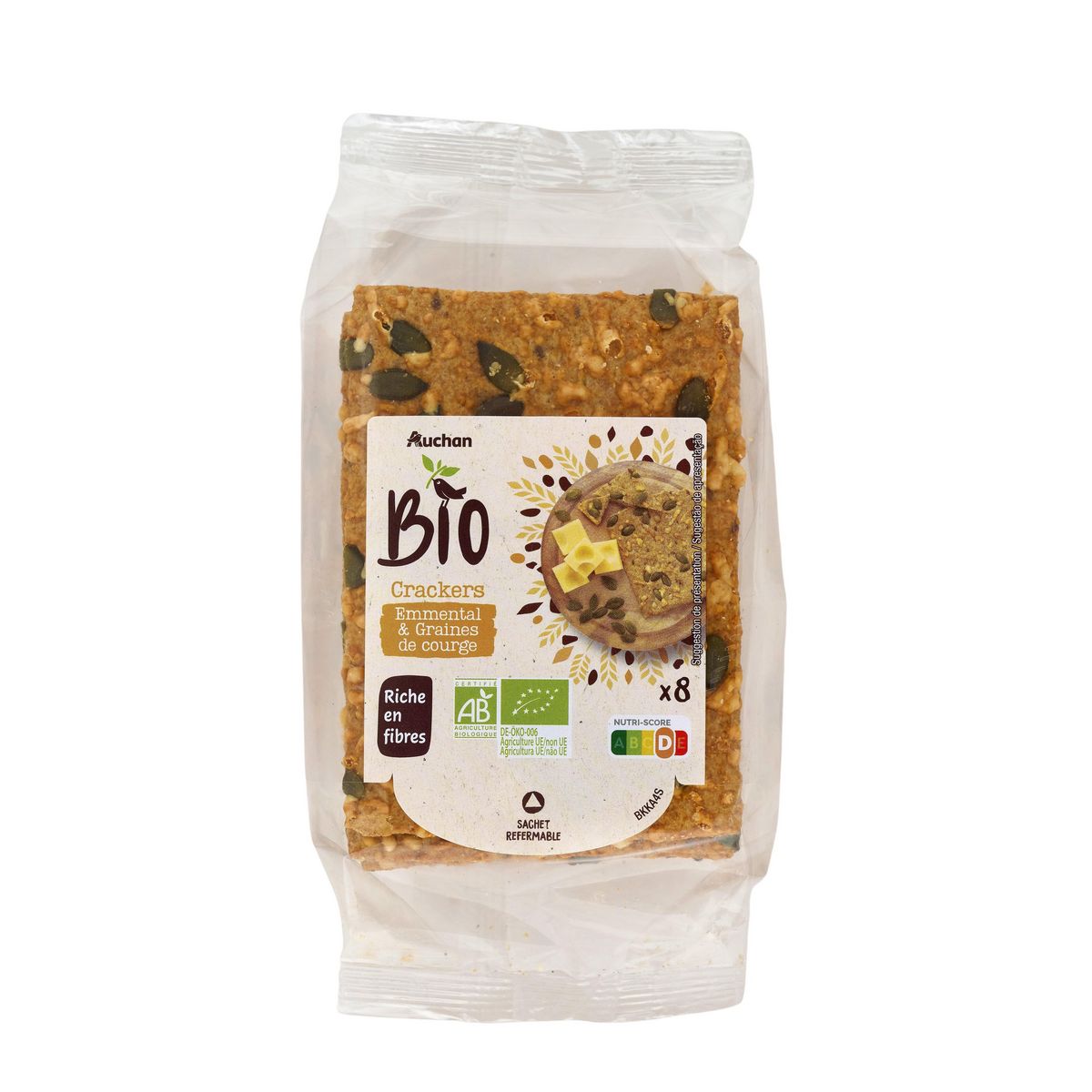 AUCHAN BIO Crackers emmental et graines de courge 8 crackers 200g