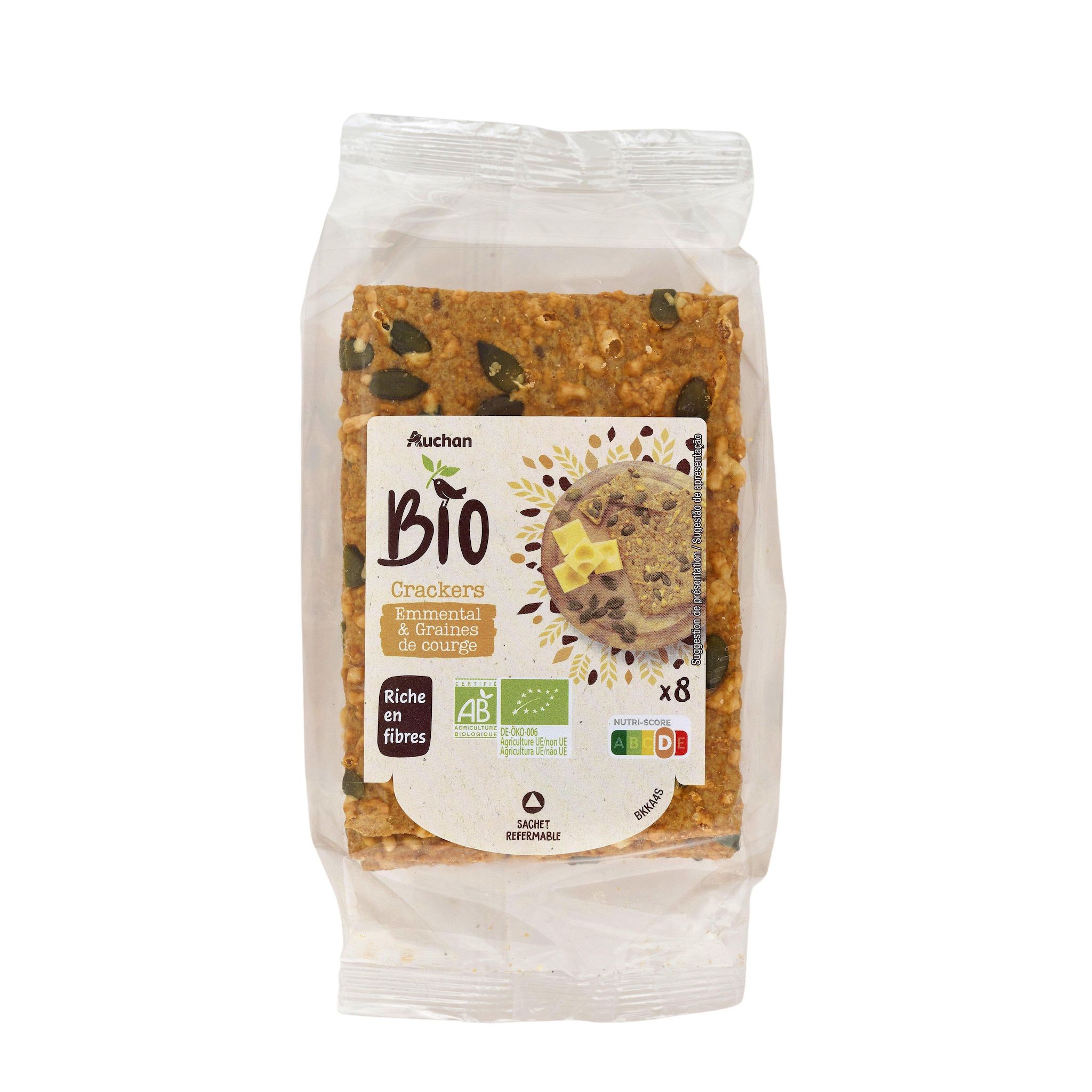 Voir la diapositive 3 : AUCHAN BIO Crackers emmental et graines de courge 8 crackers 200g