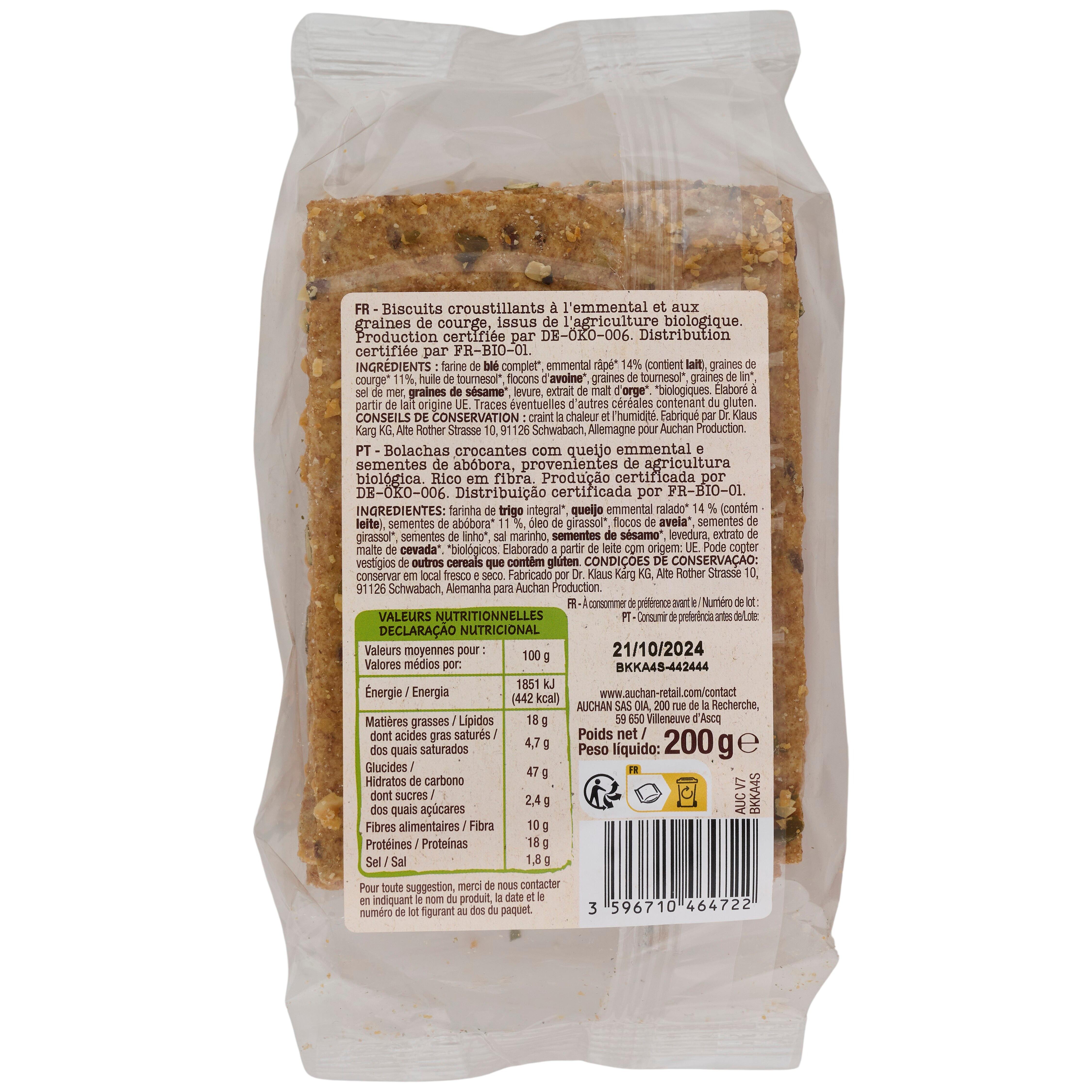 Voir la diapositive 4 : AUCHAN BIO Crackers emmental et graines de courge 8 crackers 200g