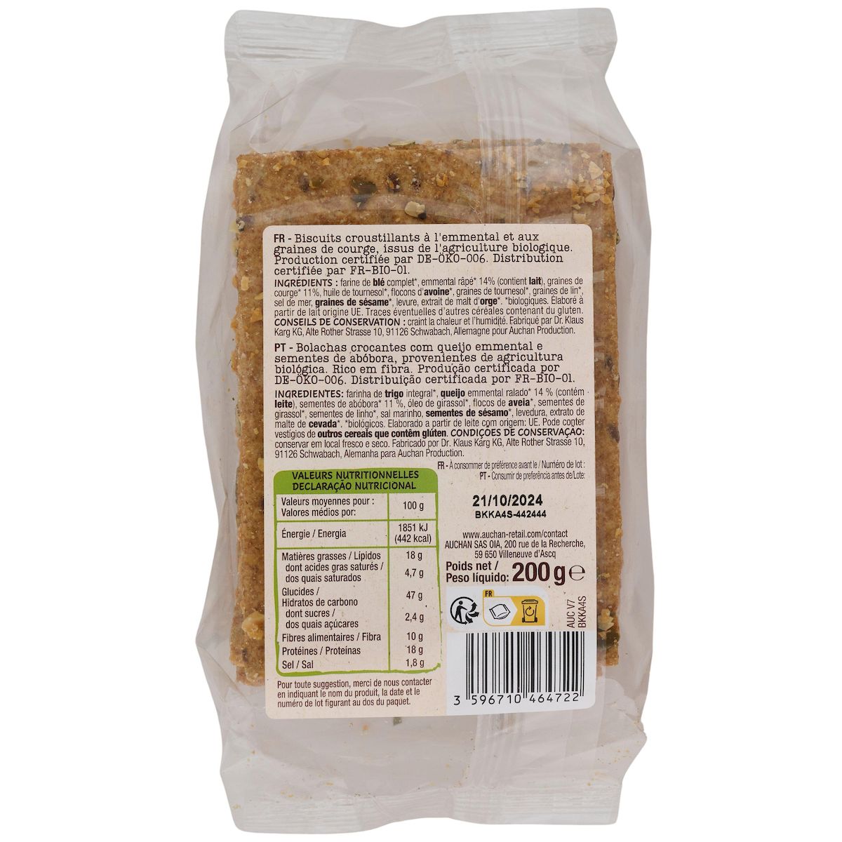 AUCHAN BIO Crackers emmental et graines de courge 8 crackers 200g