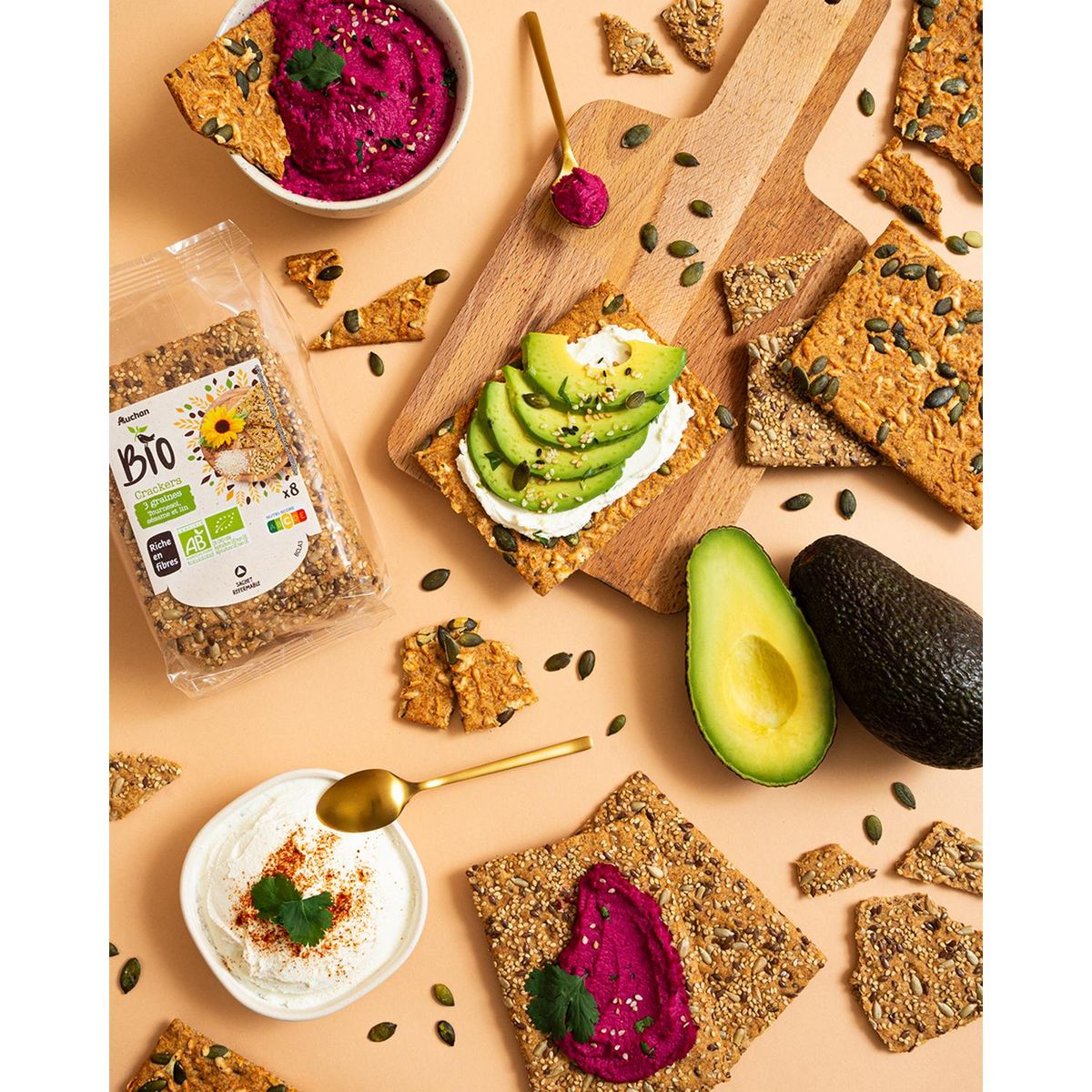 AUCHAN BIO Crackers 3 graines tournesol sésame et lin 8 crackers 200g