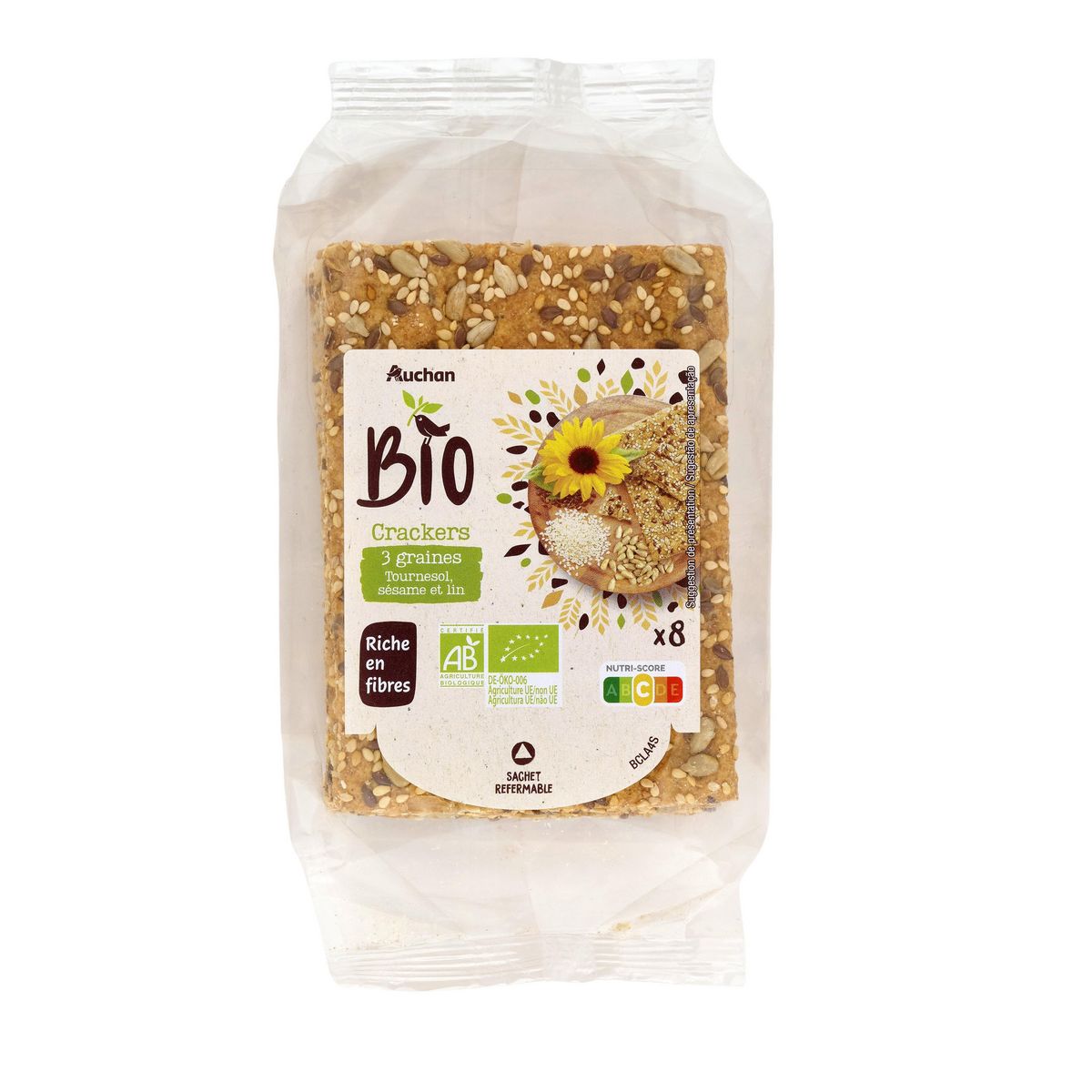 AUCHAN BIO Crackers 3 graines tournesol sésame et lin 8 crackers 200g