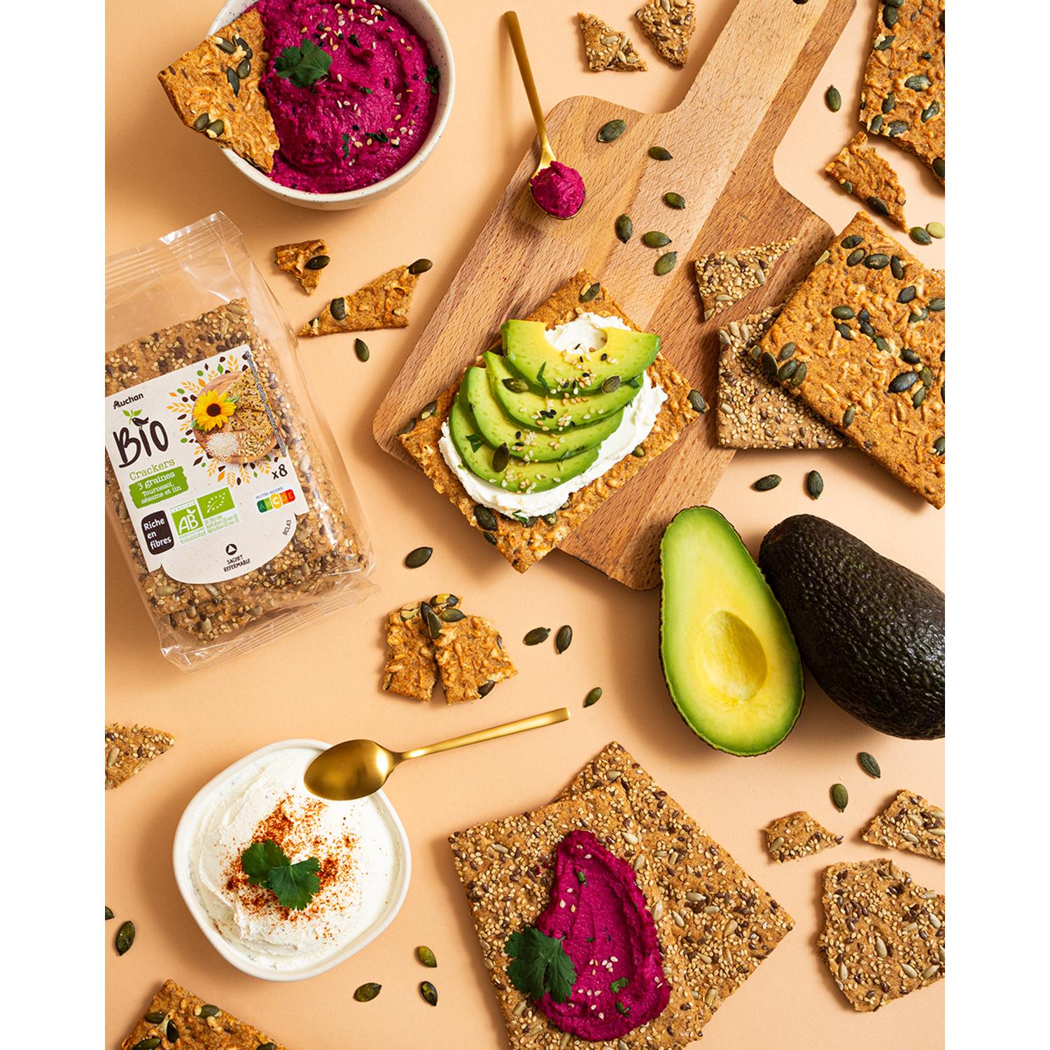 Voir la diapositive 4 : AUCHAN BIO Crackers 3 graines tournesol sésame et lin 8 crackers 200g