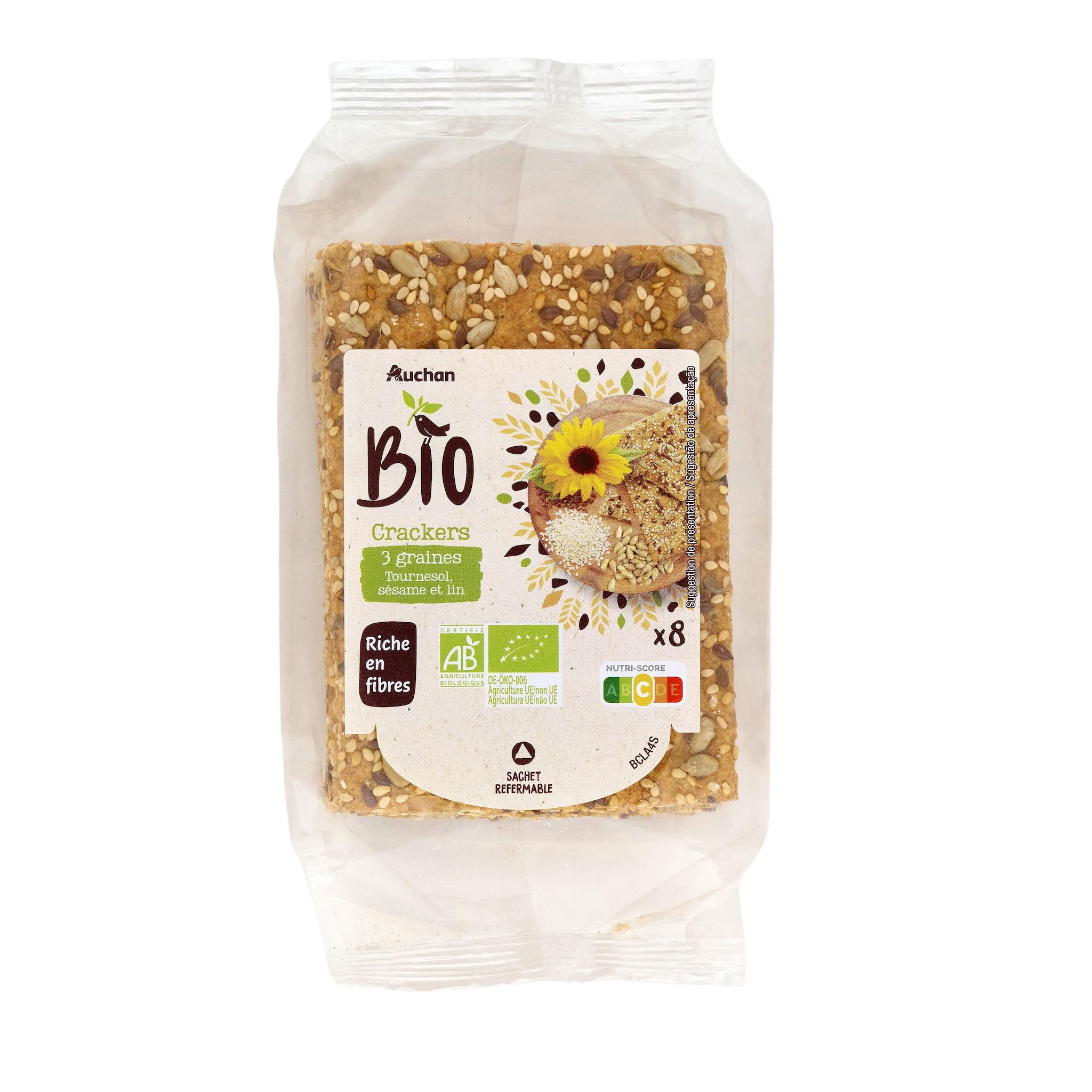 Voir la diapositive 4 : AUCHAN BIO Crackers 3 graines tournesol sésame et lin 8 crackers 200g