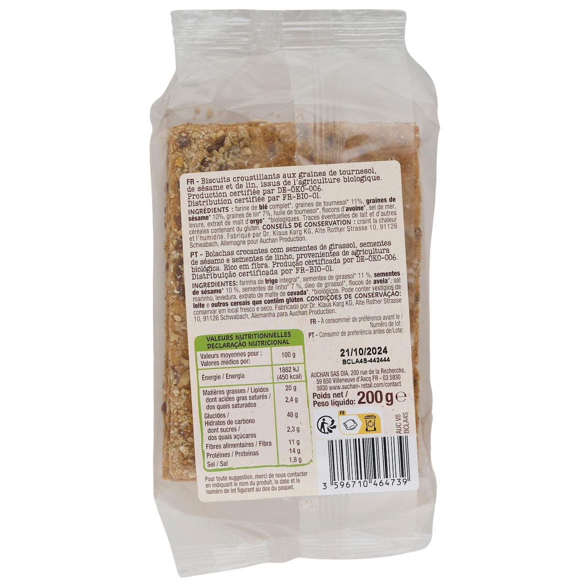 AUCHAN BIO Crackers 3 graines tournesol sésame et lin 8 crackers 200g