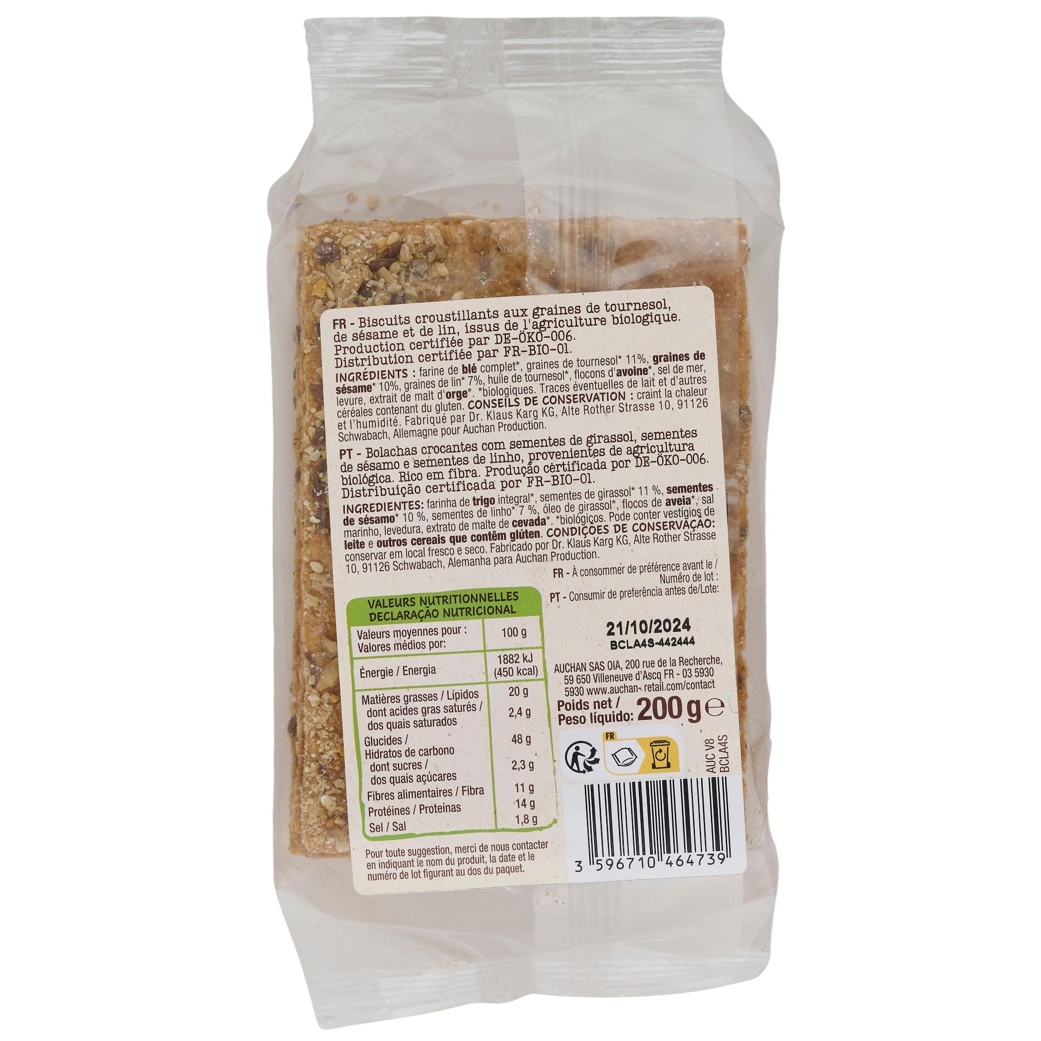 Voir la diapositive 5 : AUCHAN BIO Crackers 3 graines tournesol sésame et lin 8 crackers 200g