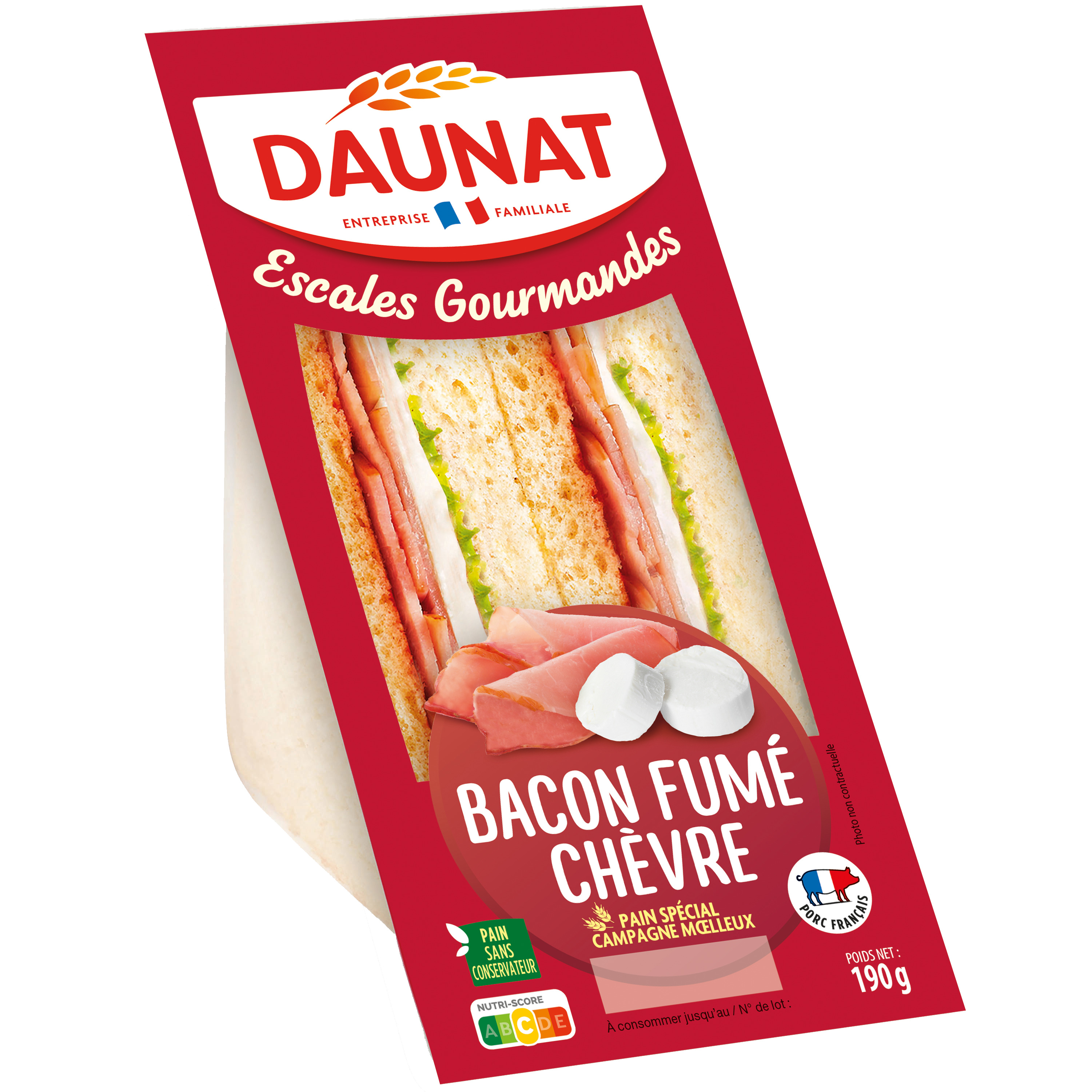 Voir la diapositive 2 : DAUNAT Sandwich bacon et chèvre 2 pièces 190g