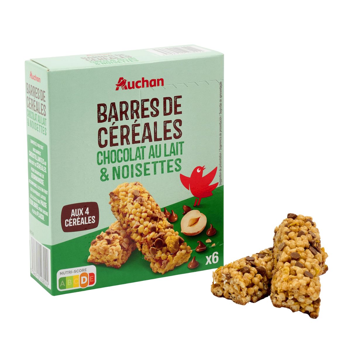 AUCHAN Crousty barres de céréales chocolat au lait et noisettes 6 barres 126g