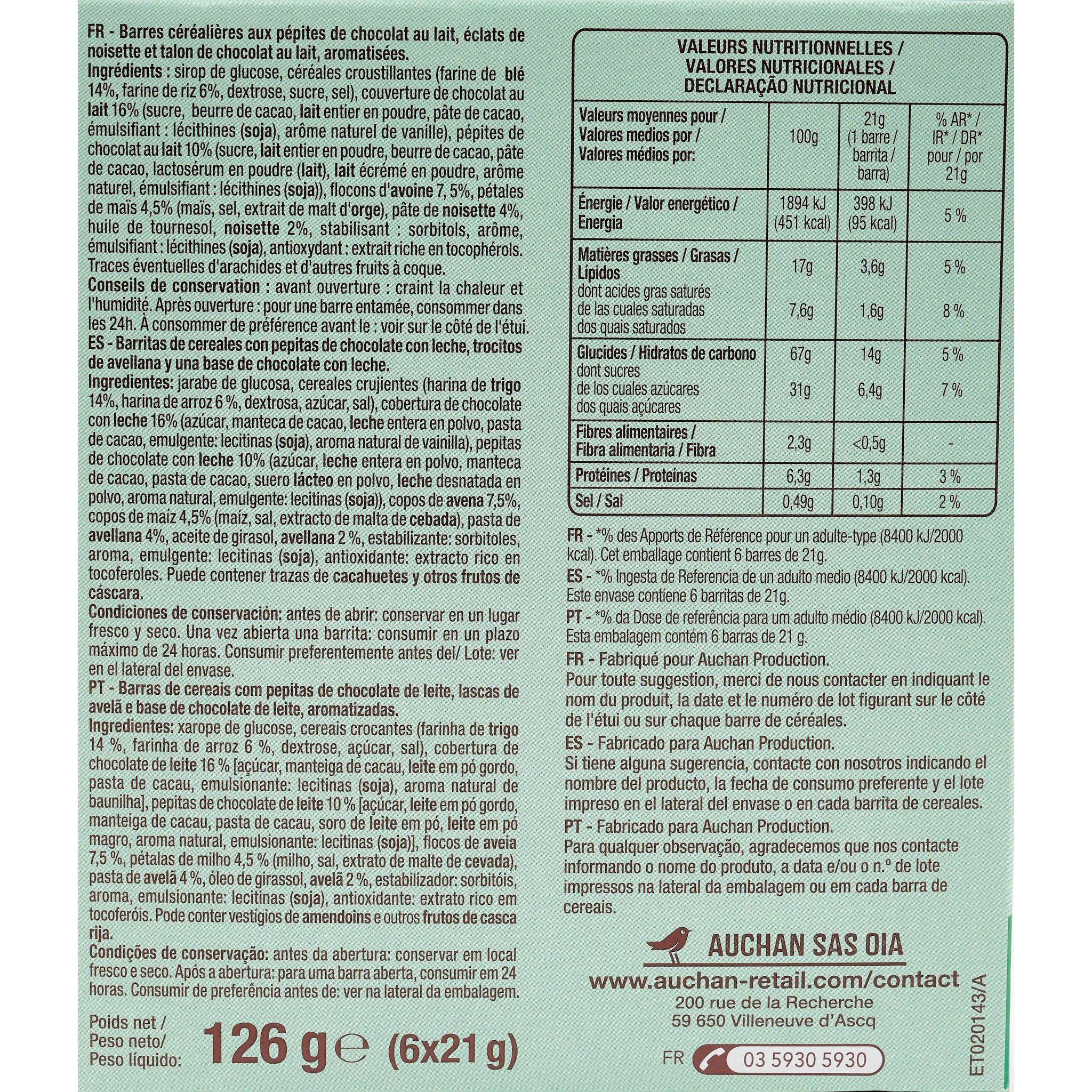 Voir la diapositive 3 : AUCHAN Crousty barres de céréales chocolat au lait et noisettes 6 barres 126g