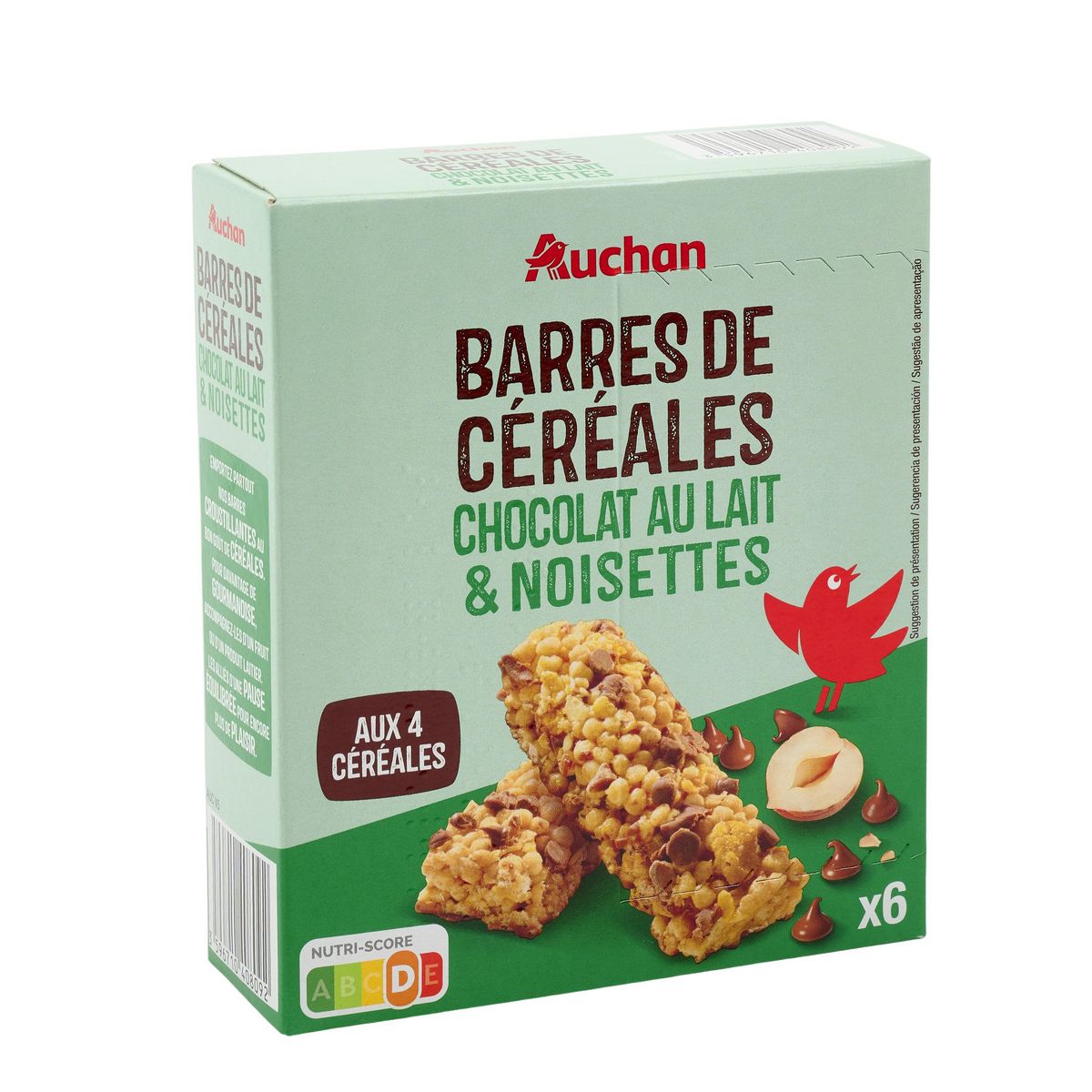 AUCHAN Crousty barres de céréales chocolat au lait et noisettes 6 barres 126g