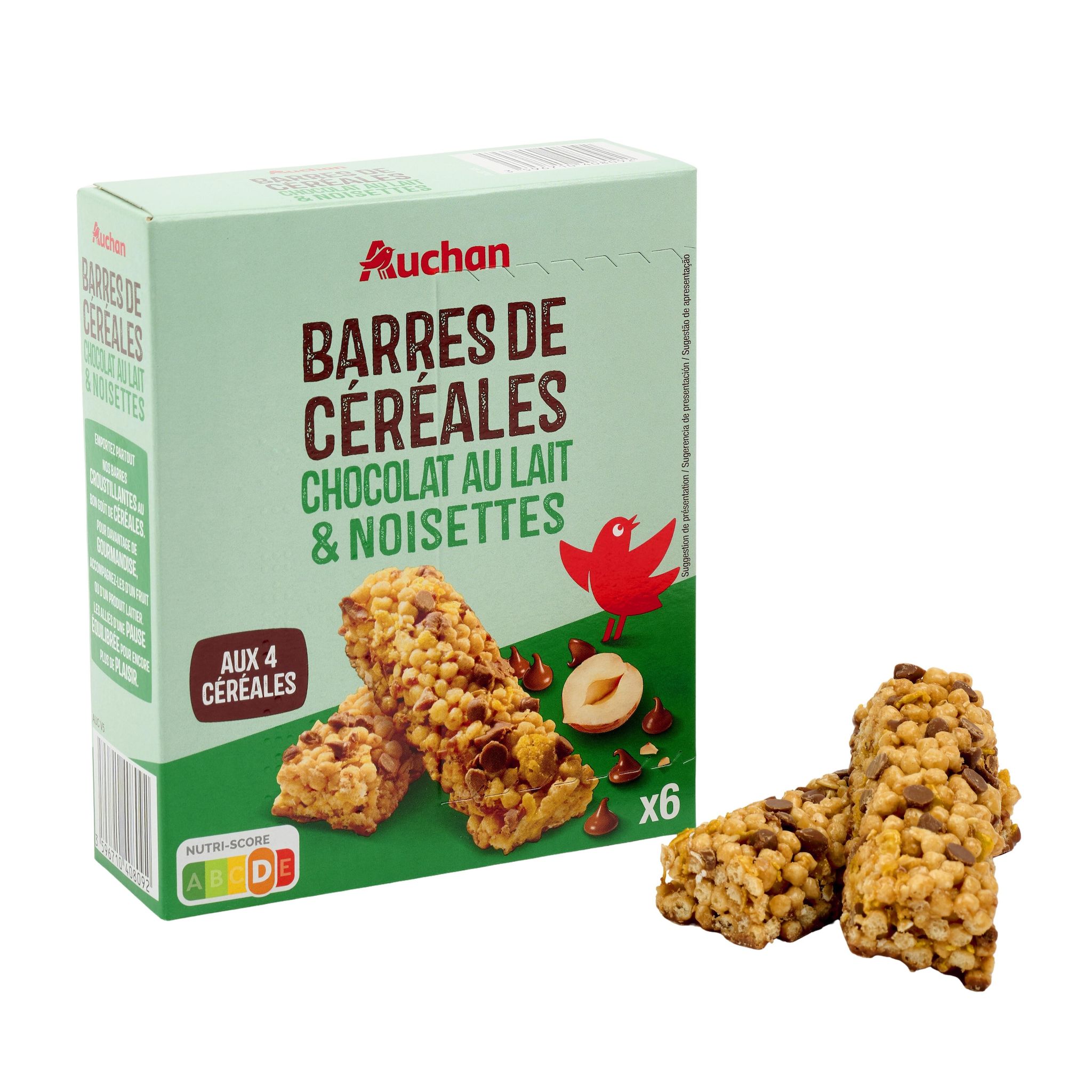 Voir la diapositive 4 : AUCHAN Crousty barres de céréales chocolat au lait et noisettes 6 barres 126g