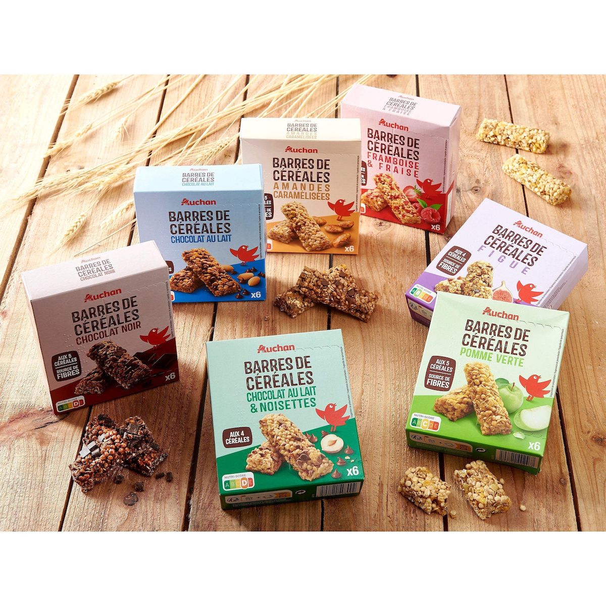 AUCHAN Crousty barres de céréales chocolat au lait et noisettes 6 barres 126g