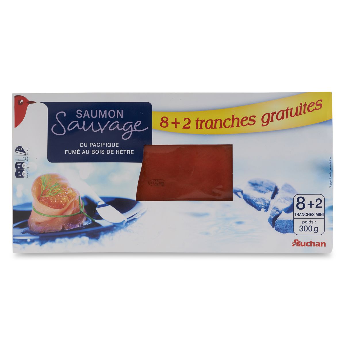 AUCHAN Saumon fumé sauvage du Pacifique 8 tranches + 2 offertes 300g
