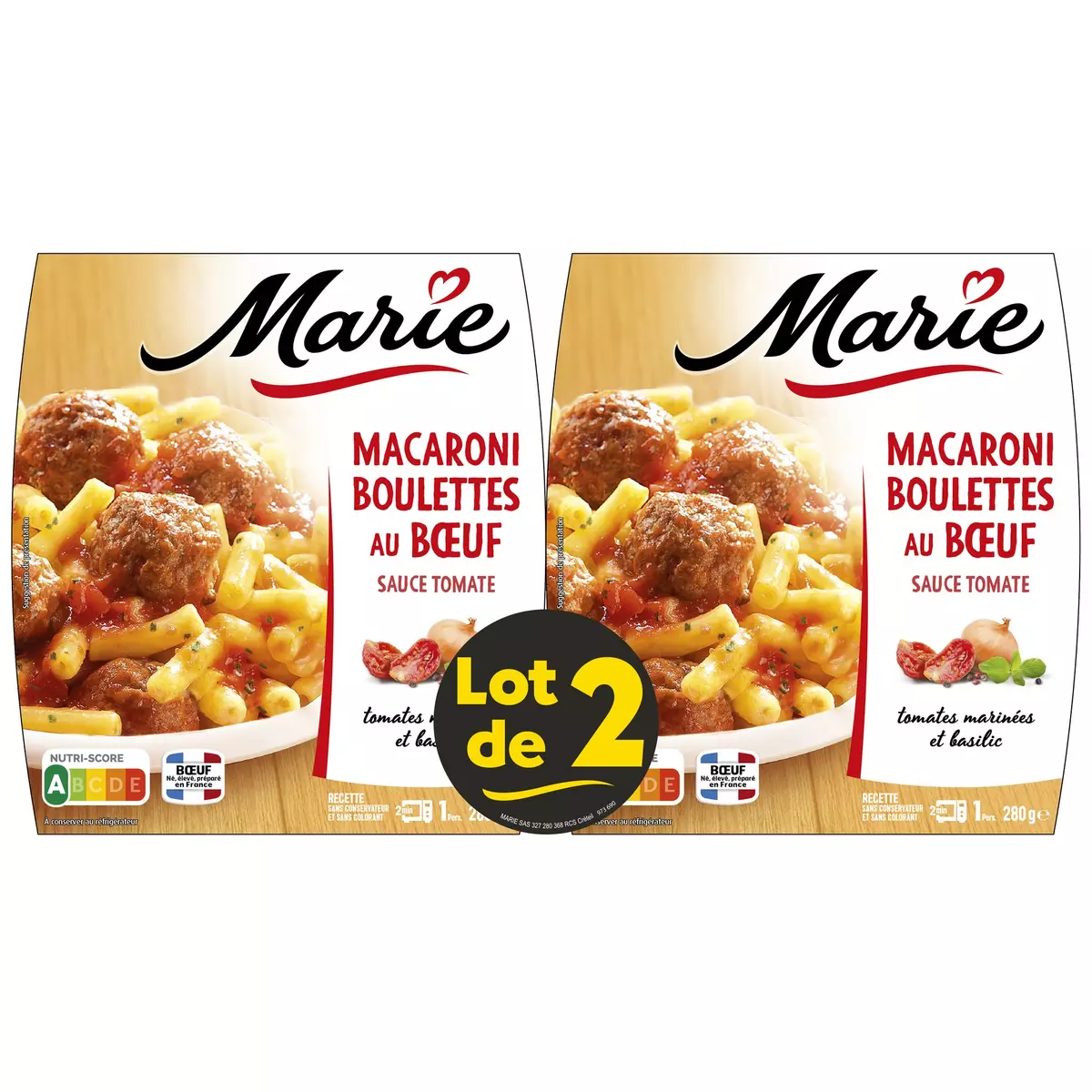 MARIE Macaroni sauce tomate et boulettes au bœuf 2 portions 2x280g