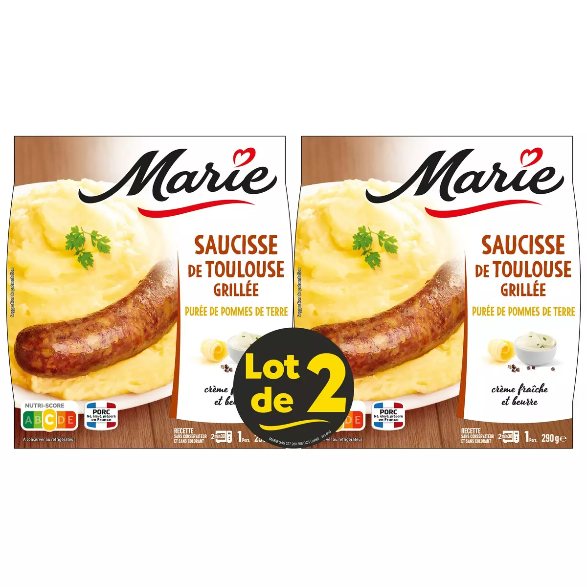 MARIE Saucisse de Toulouse grillée et purée de pomme de terre 2 portions 2x290g