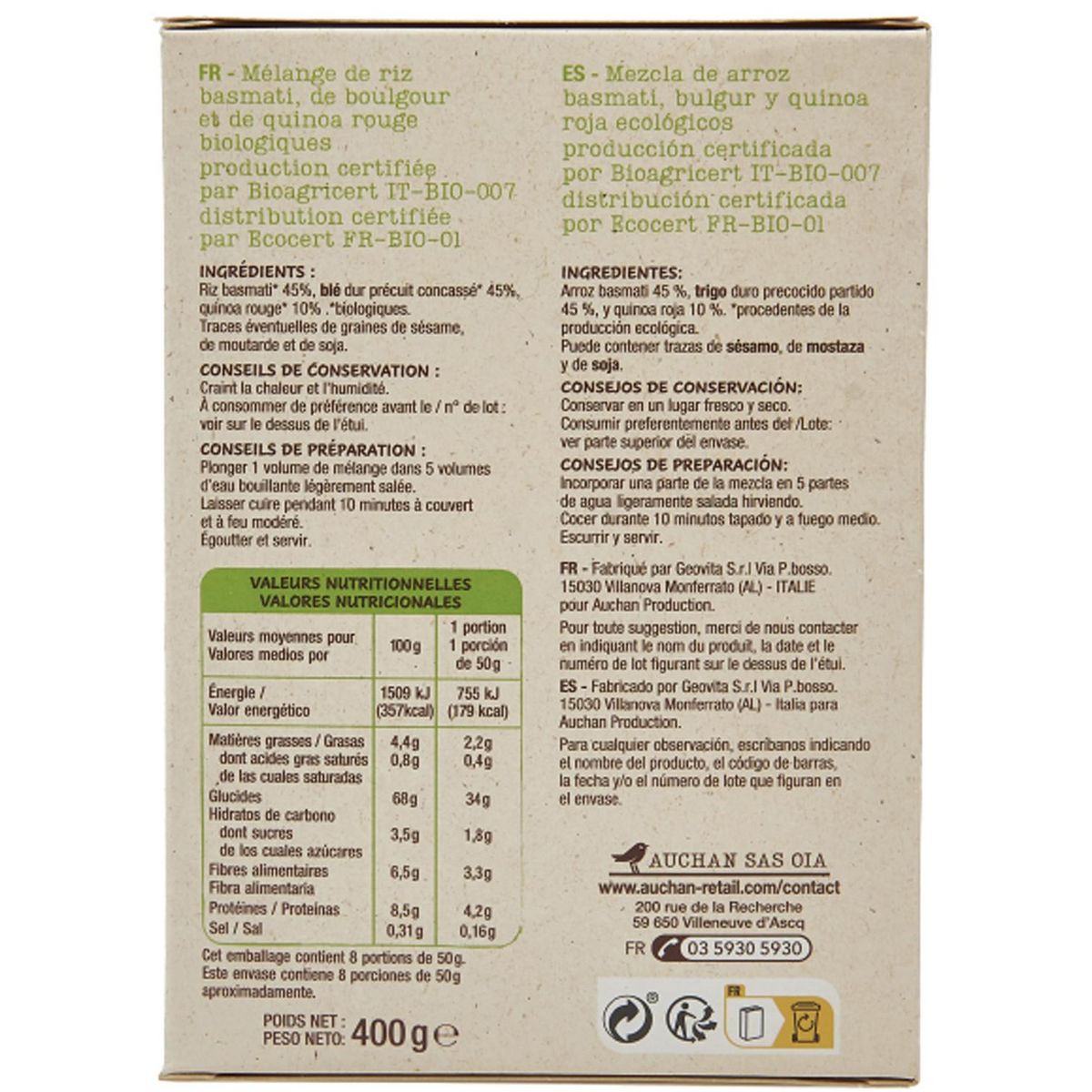 AUCHAN BIO Riz basmati boulgour quinoa rouge prêt en 10min 400g