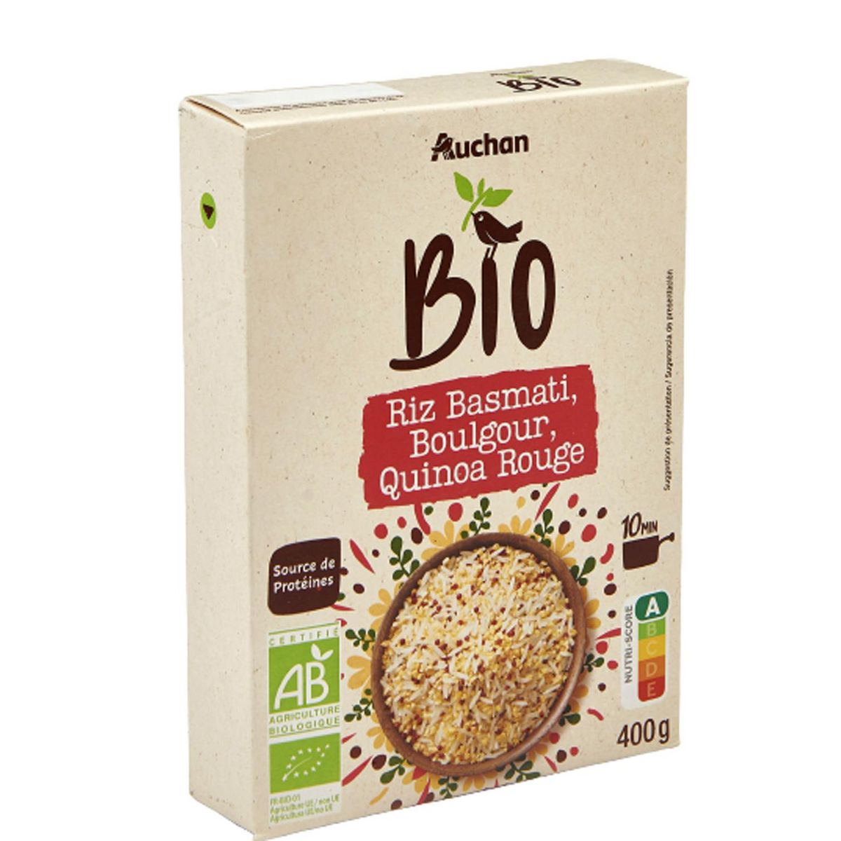 AUCHAN BIO Riz basmati boulgour quinoa rouge prêt en 10min 400g